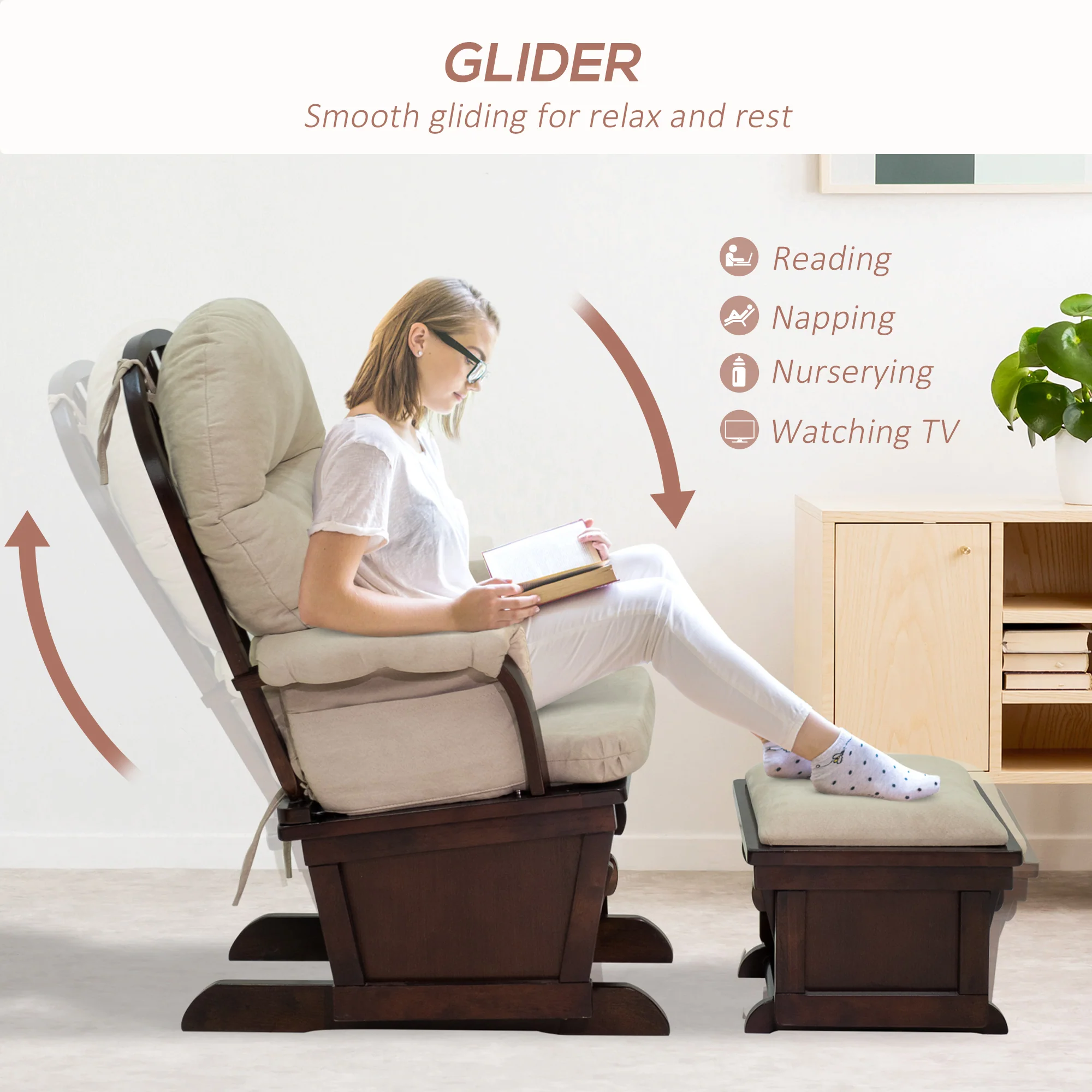 Nursery Glider Rocking Chair with Ottoman Thick Padded Cushion Seating and Wood Base Beige - Image 6