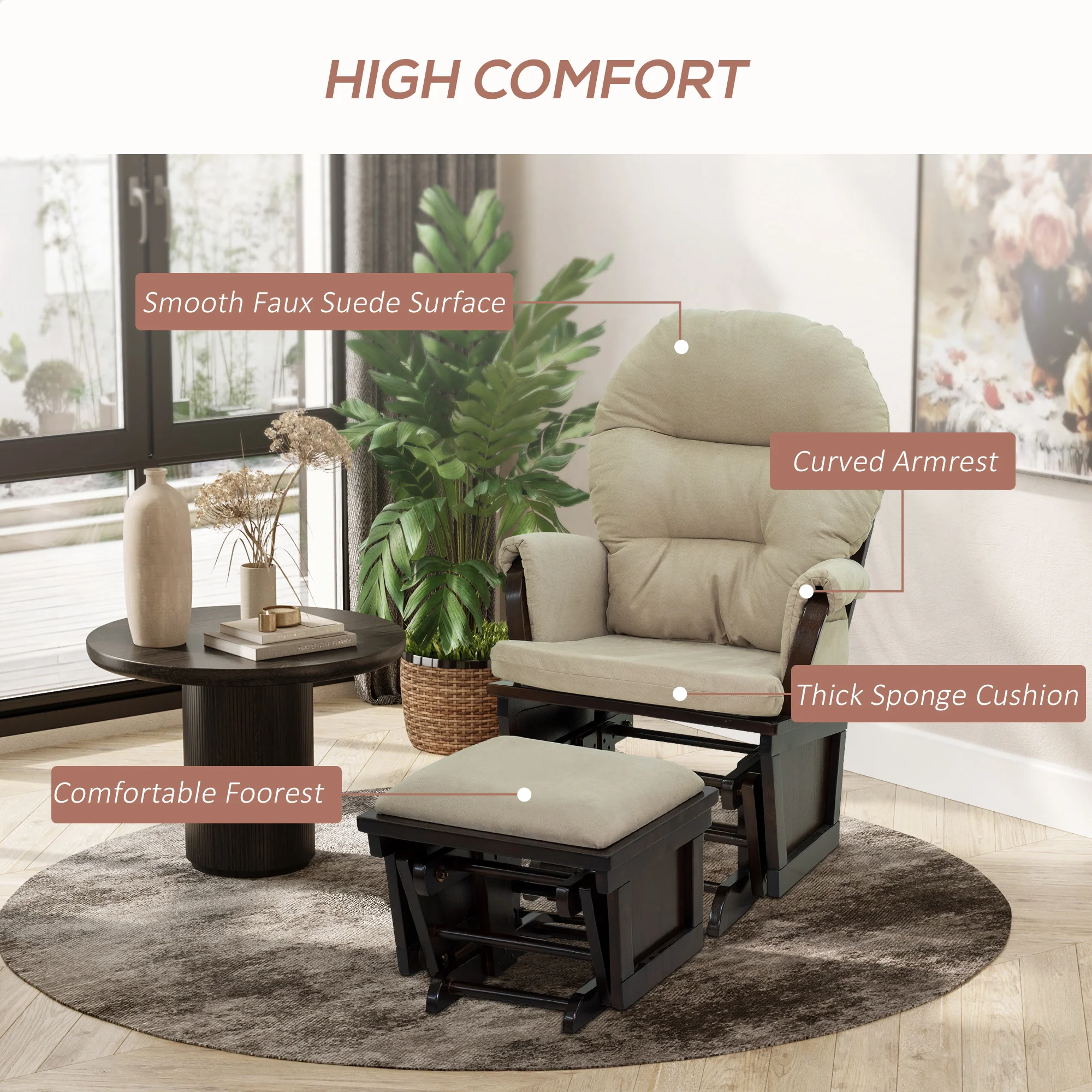 Nursery Glider Rocking Chair with Ottoman Thick Padded Cushion Seating and Wood Base Beige - Image 7
