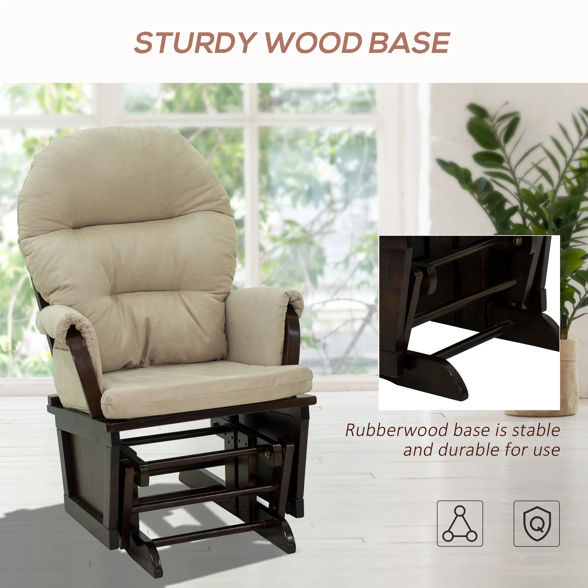 Nursery Glider Rocking Chair with Ottoman Thick Padded Cushion Seating and Wood Base Beige - Image 8