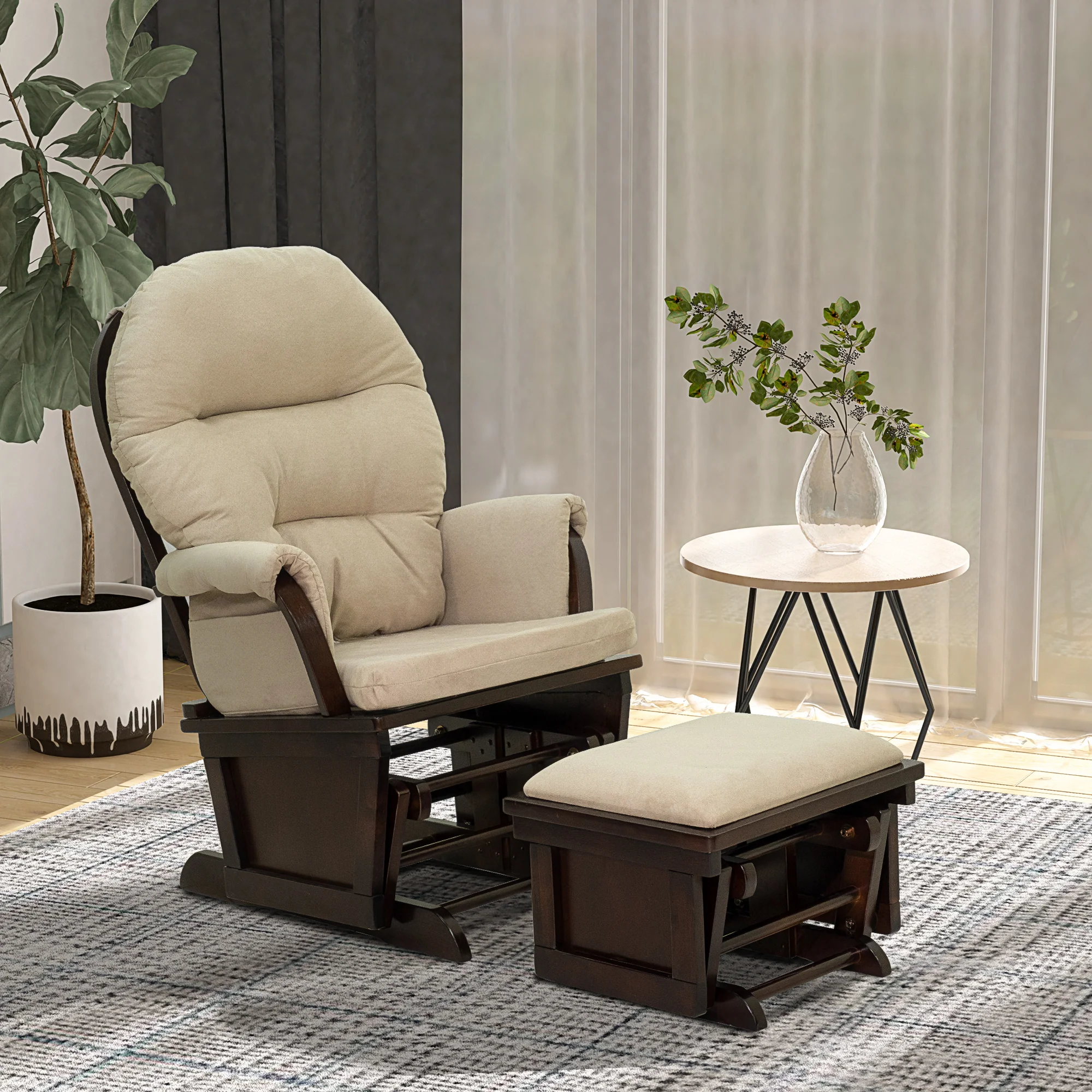 Nursery Glider Rocking Chair with Ottoman Thick Padded Cushion Seating and Wood Base Beige - Image 9