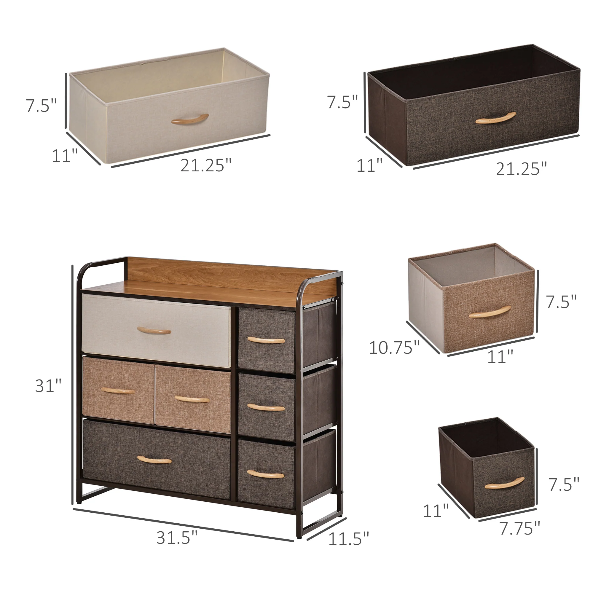 7 Drawer  Fabric Dresser 3 Tier Storage Organizer with Steel Frame, Brown - Image 5