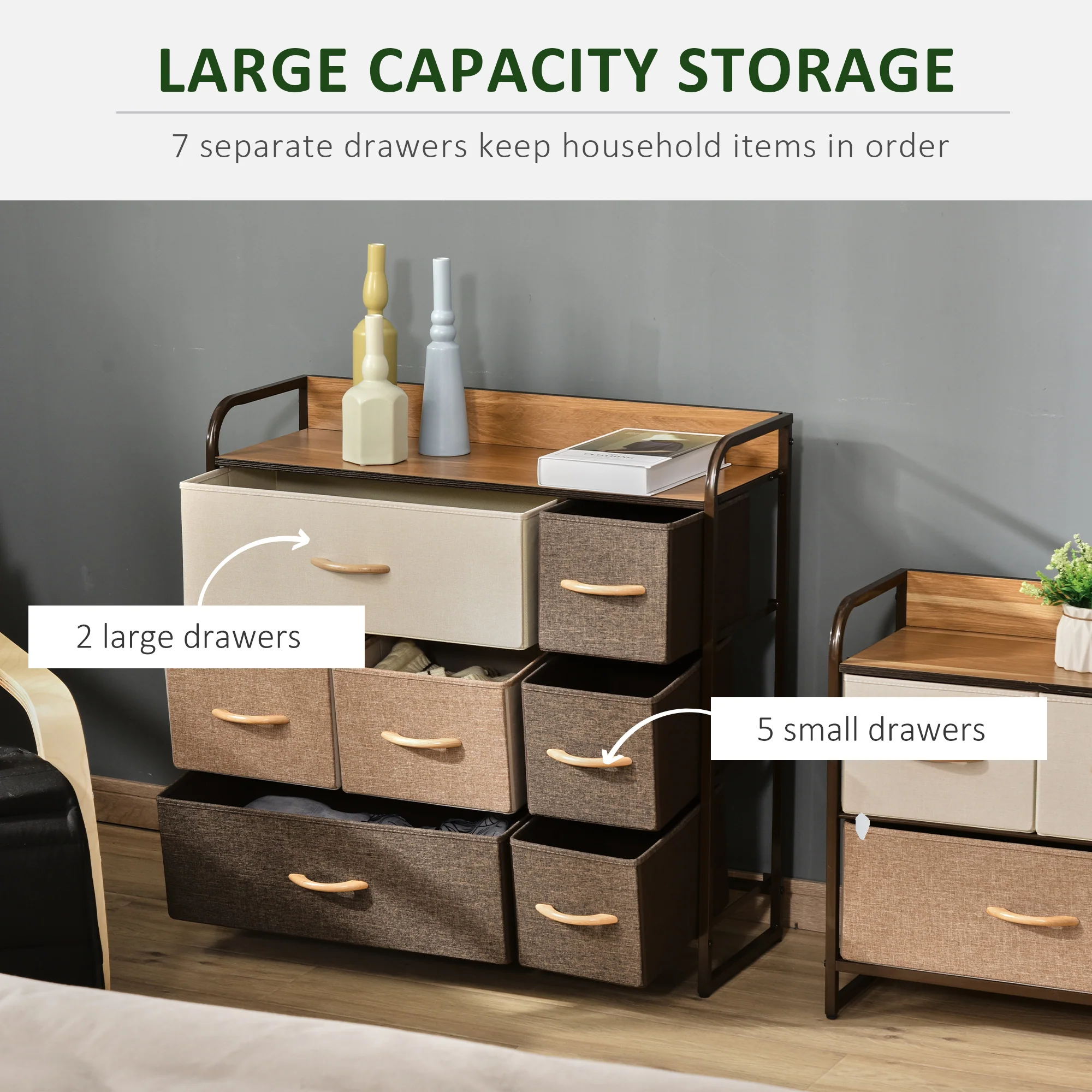 7 Drawer  Fabric Dresser 3 Tier Storage Organizer with Steel Frame, Brown - Image 6