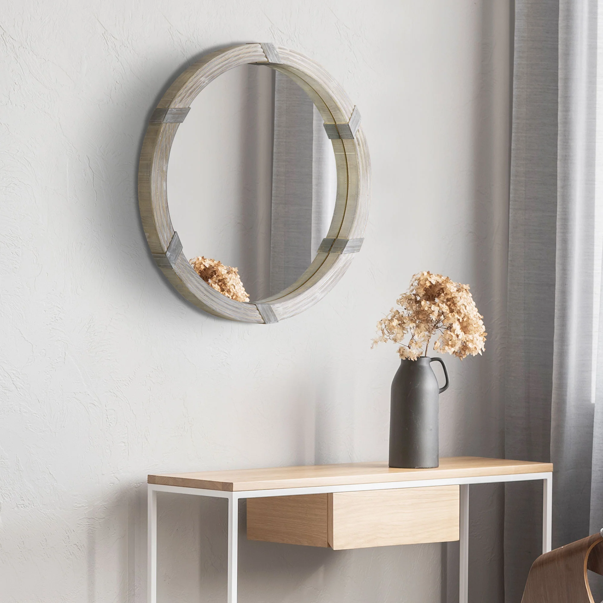 30.75" Round Wood Wall Mirror, Farmhouse Decorative, Living Room, Bedroom, Natural Wood - Image 3