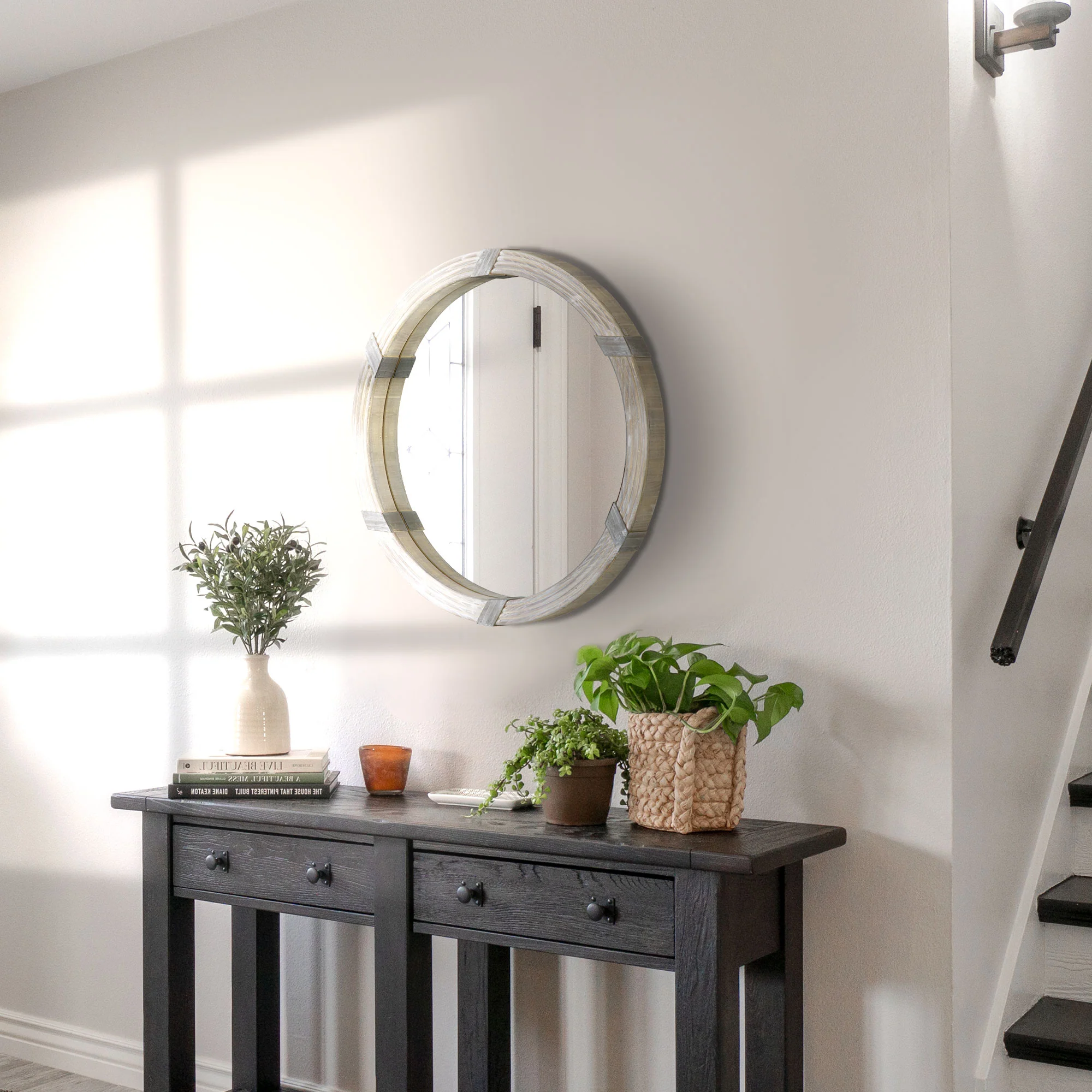 30.75" Round Wood Wall Mirror, Farmhouse Decorative, Living Room, Bedroom, Natural Wood - Image 4