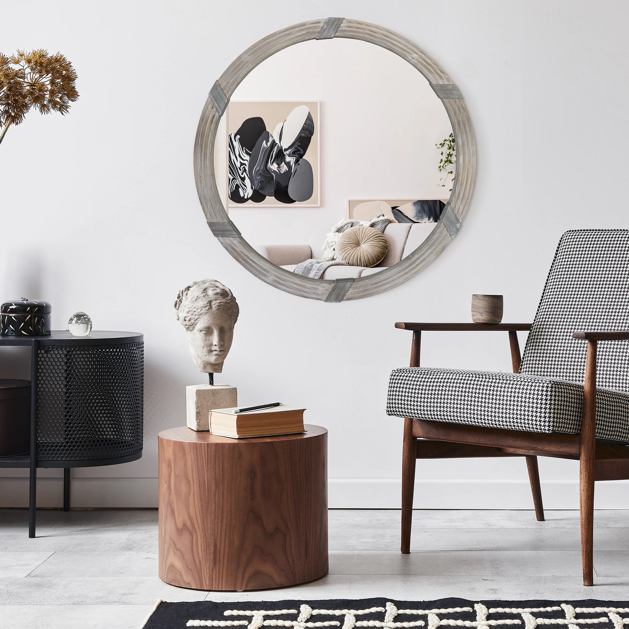 30.75" Round Wood Wall Mirror, Farmhouse Decorative, Living Room, Bedroom, Natural Wood - Image 7