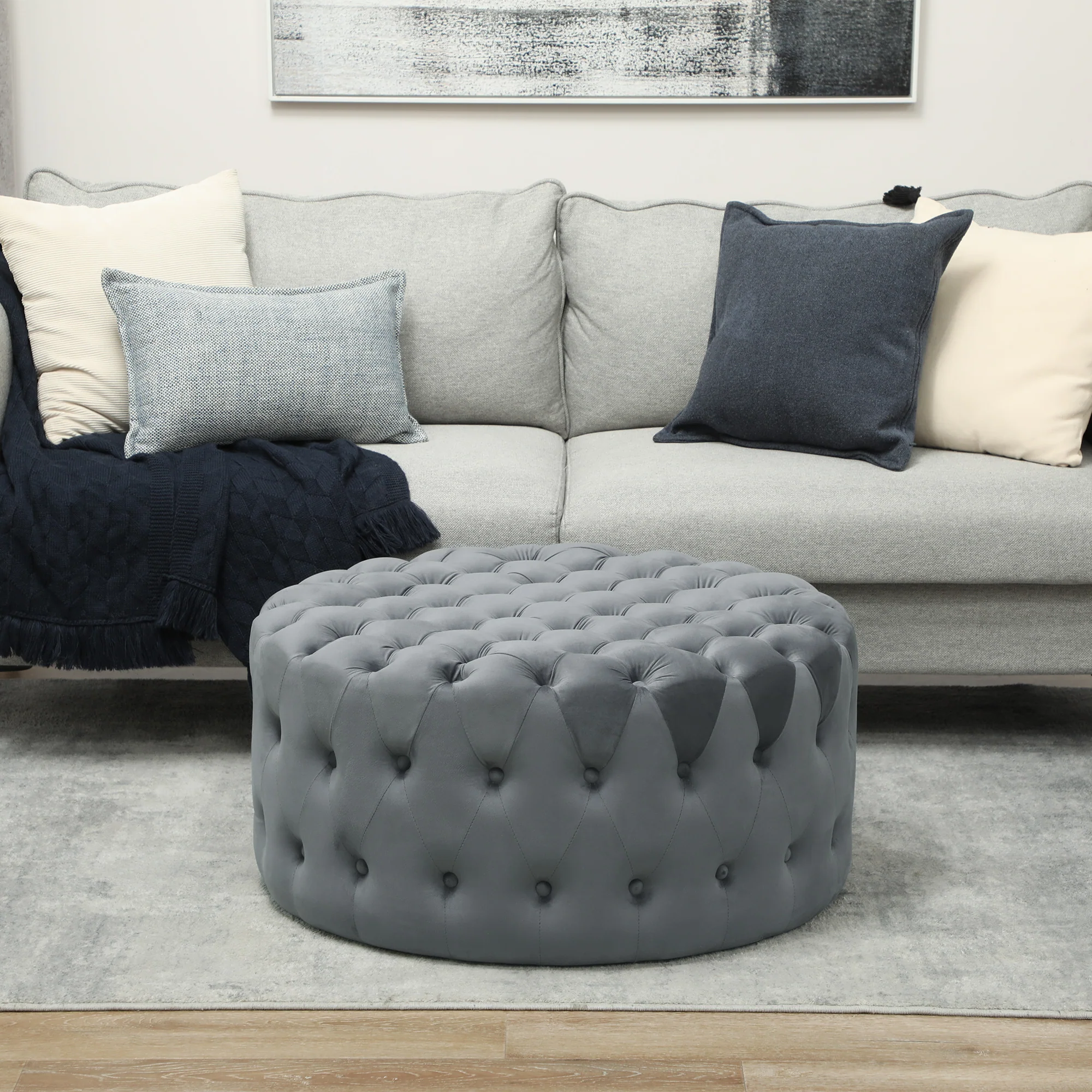 31.5" Round Ottoman, Foot Stool with Button Tufted Design & Padded Seat, Dark Gray - Image 10