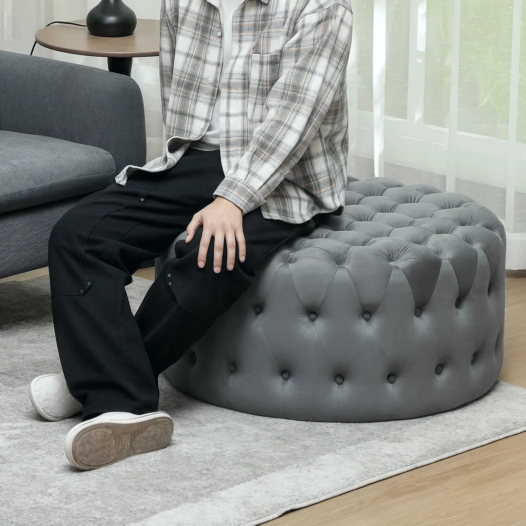 31.5" Round Ottoman, Foot Stool with Button Tufted Design & Padded Seat, Dark Gray - Image 11