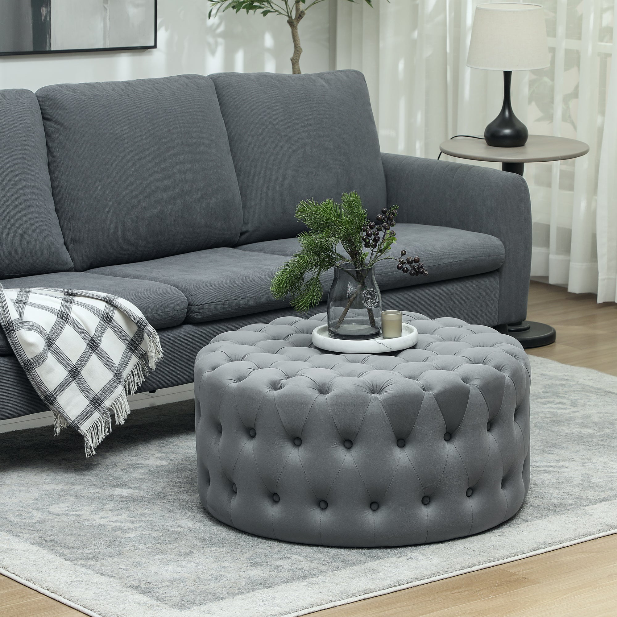 31.5" Round Ottoman, Foot Stool with Button Tufted Design & Padded Seat, Dark Gray - Image 3
