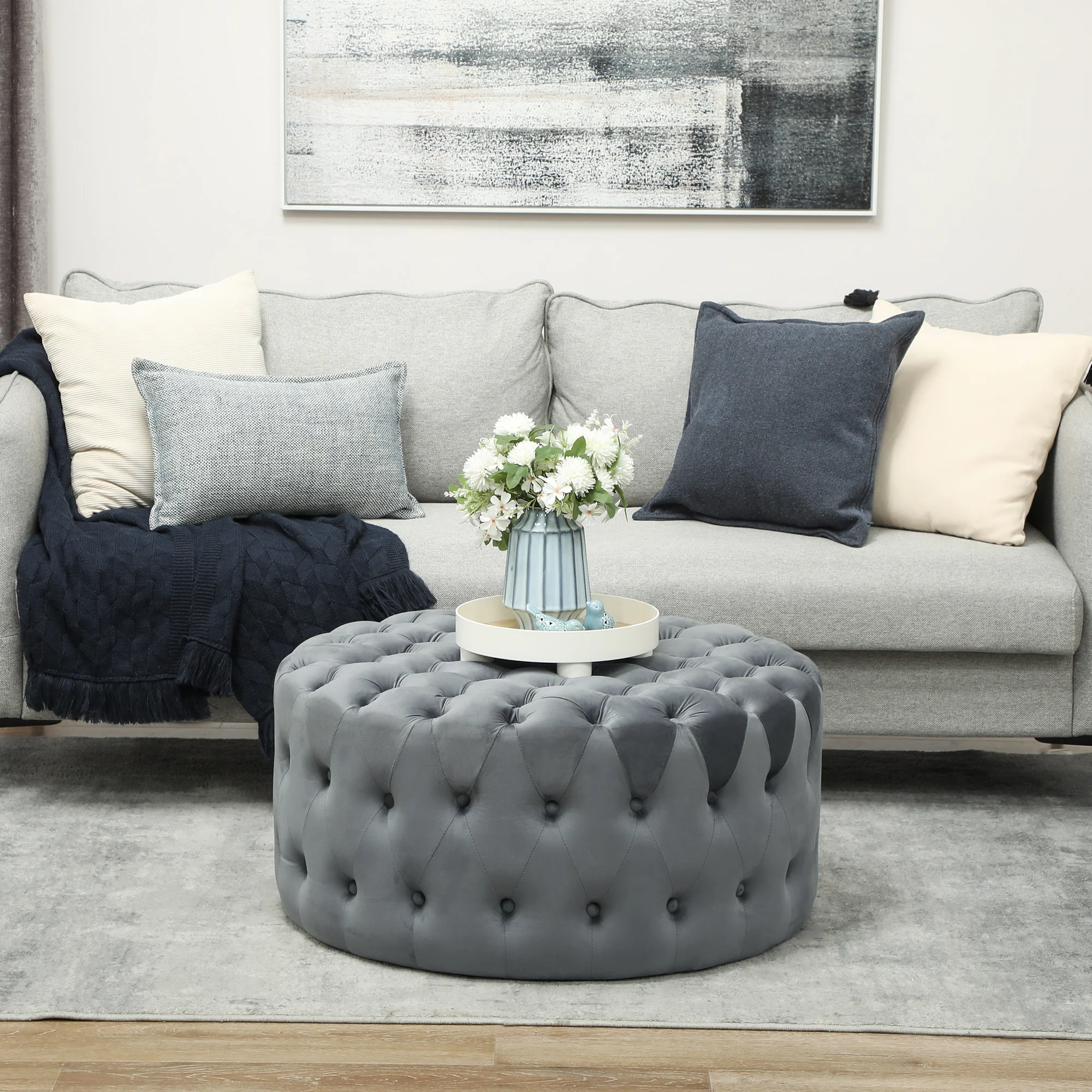 31.5" Round Ottoman, Foot Stool with Button Tufted Design & Padded Seat, Dark Gray - Image 4