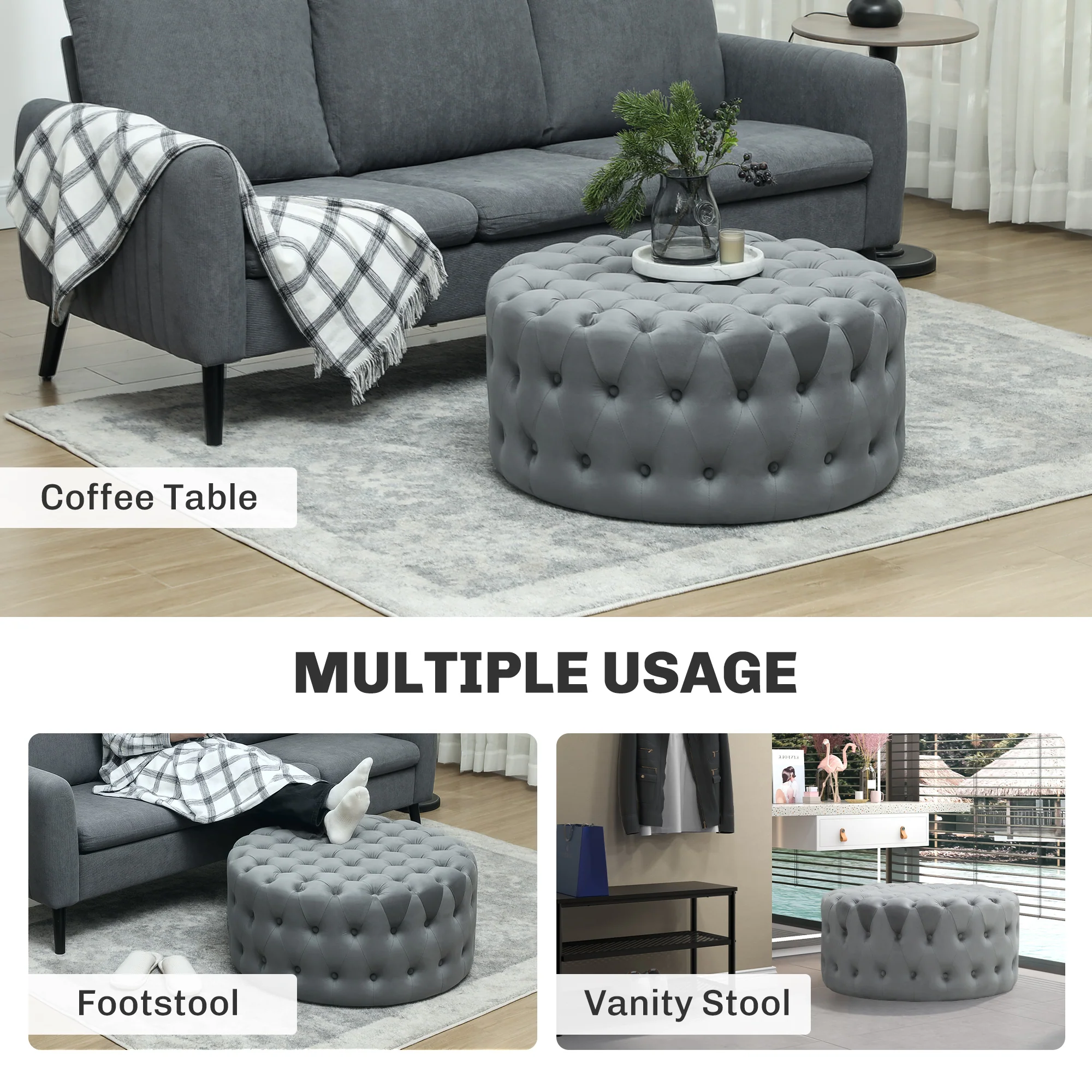 31.5" Round Ottoman, Foot Stool with Button Tufted Design & Padded Seat, Dark Gray - Image 7