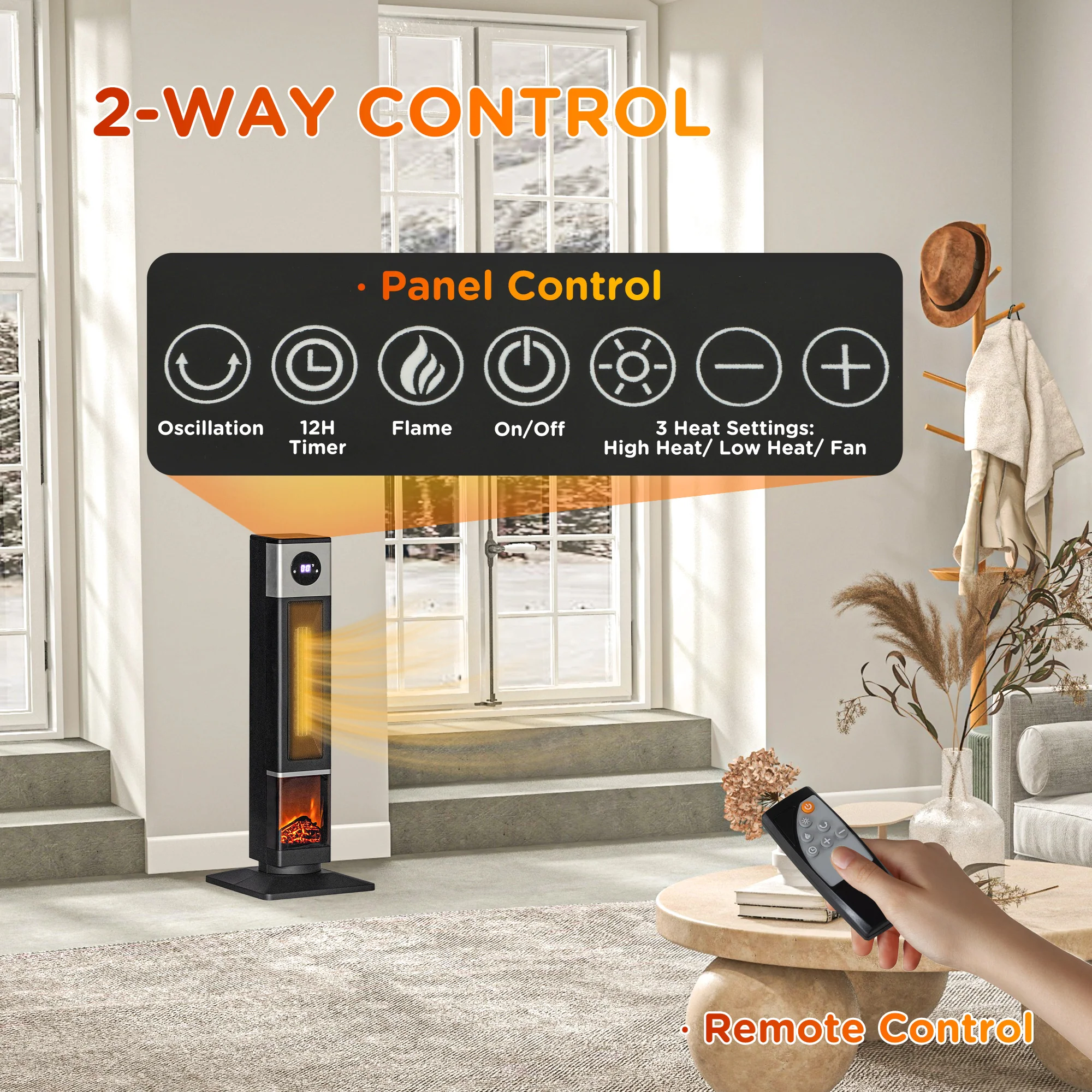 31" Freestanding Electric Space Heater with Oscillation Remote & 12H Timer 1400W Black - Image 8