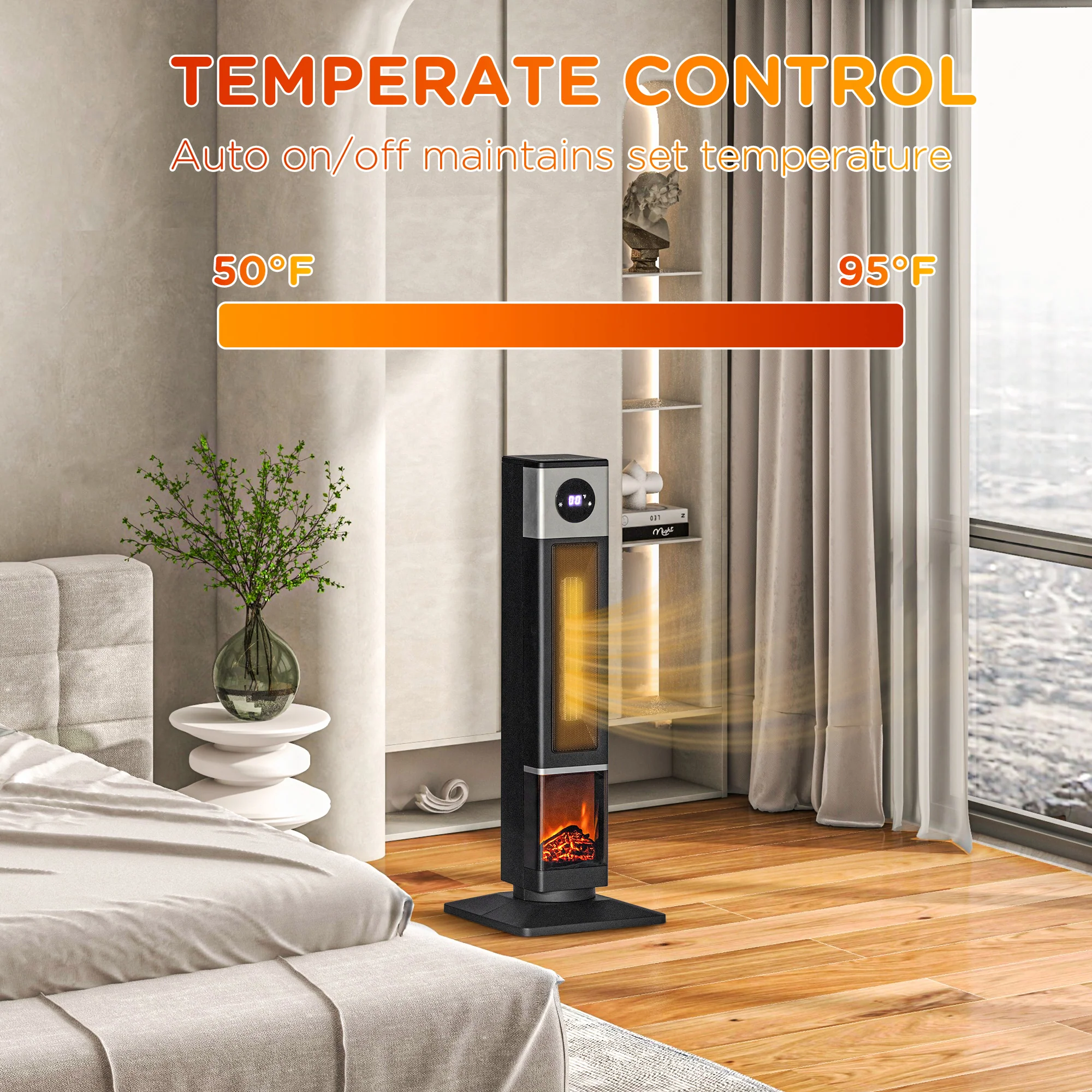 31" Freestanding Electric Space Heater with Oscillation Remote & 12H Timer 1400W Black - Image 9