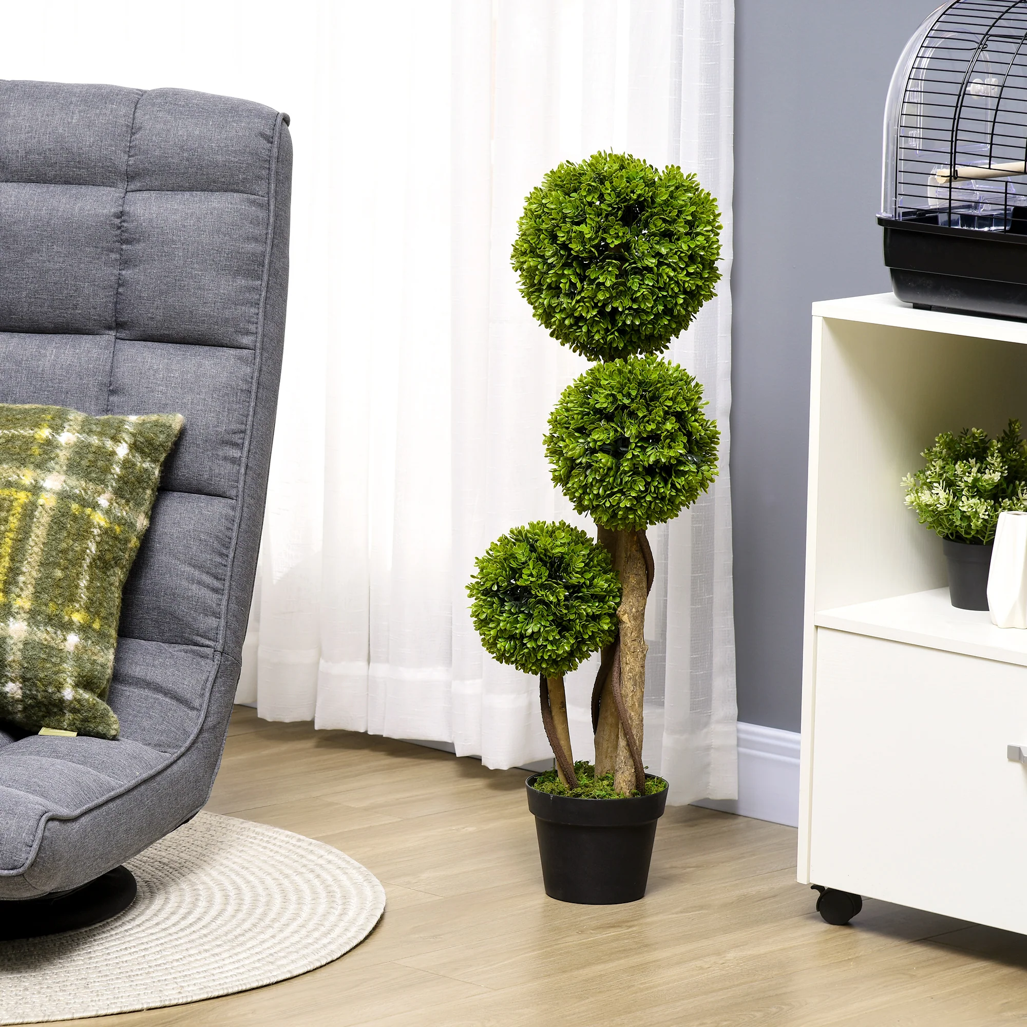 35.5" Artificial Ball Boxwood Topiary Tree Fake Plant in Pot, Light Green - Image 3