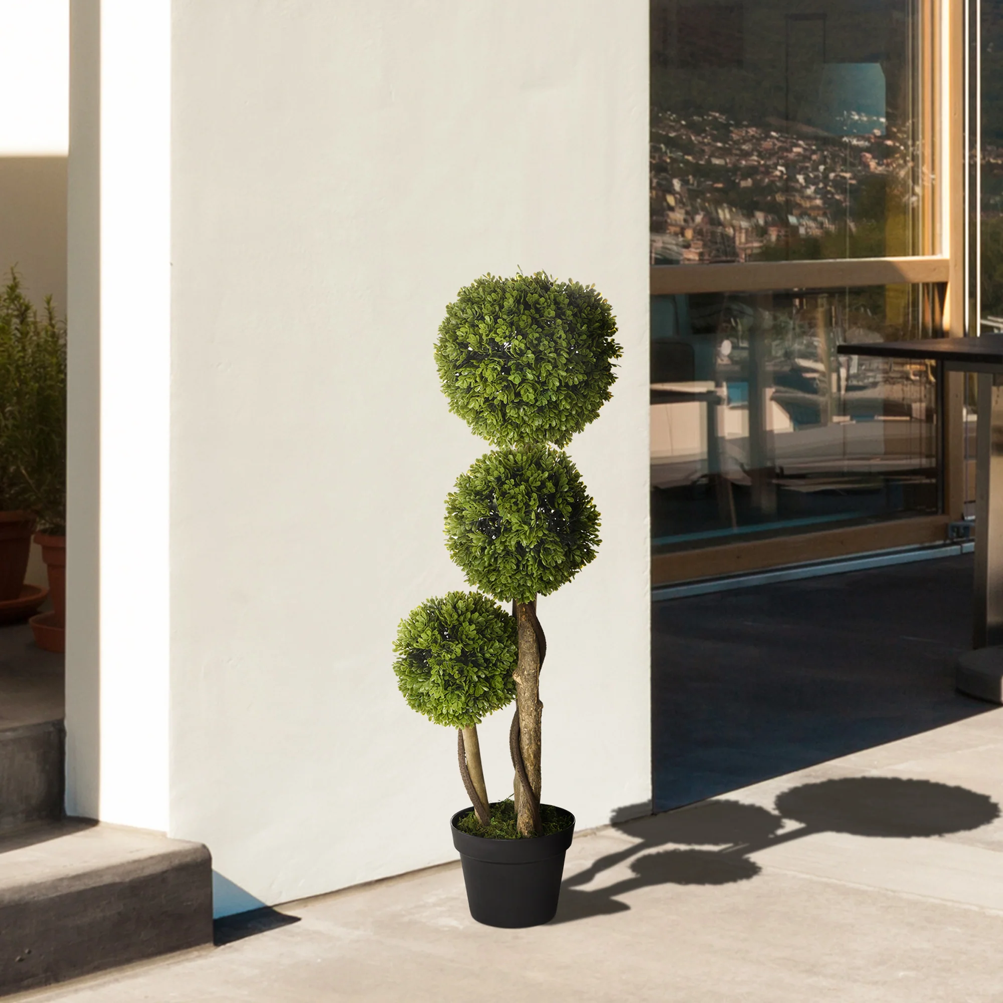 35.5" Artificial Ball Boxwood Topiary Tree Fake Plant in Pot, Light Green - Image 9