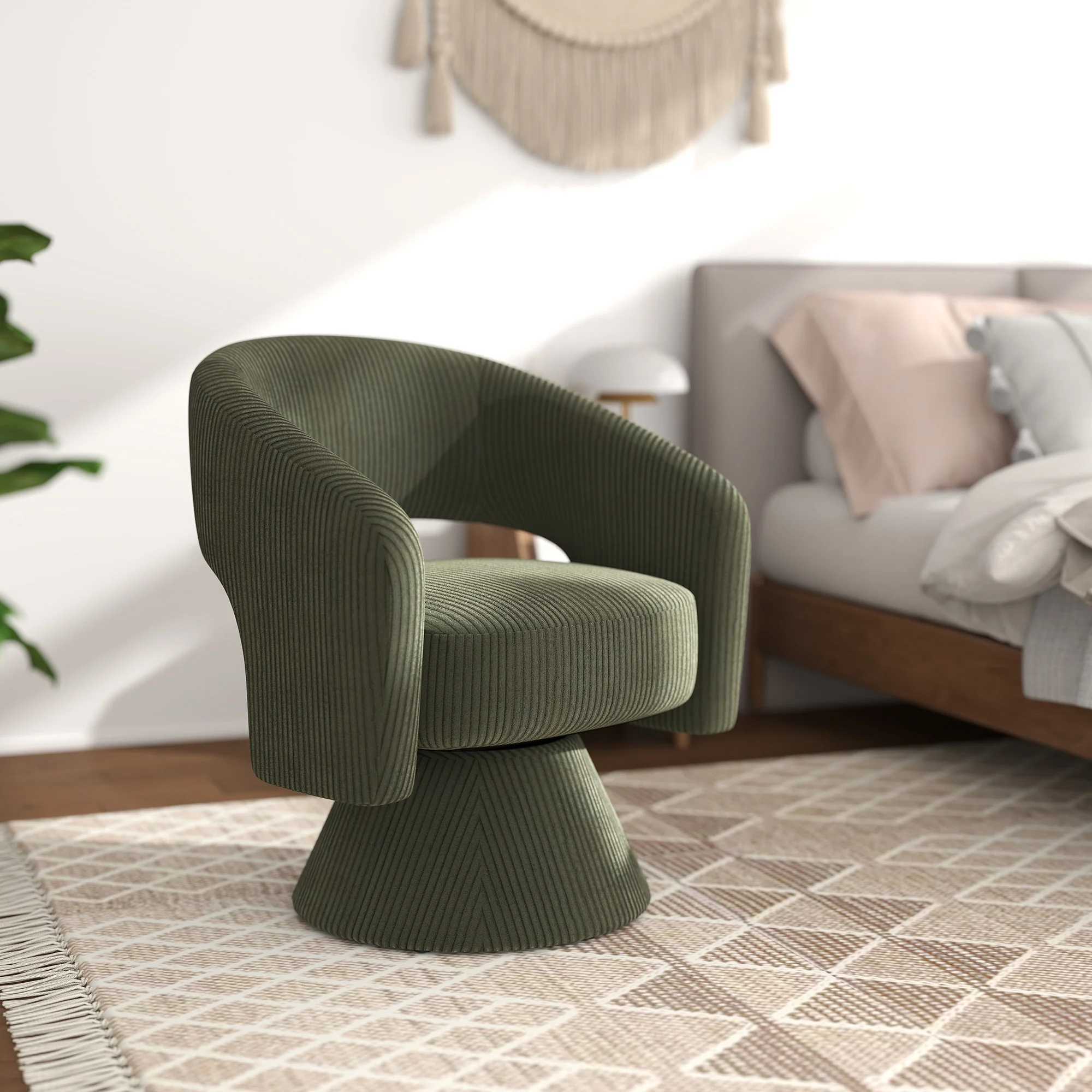 360° Swivel Accent Chair, Corduroy Upholstered Barrel Chair for Living Room, Bedroom, Green - Image 10