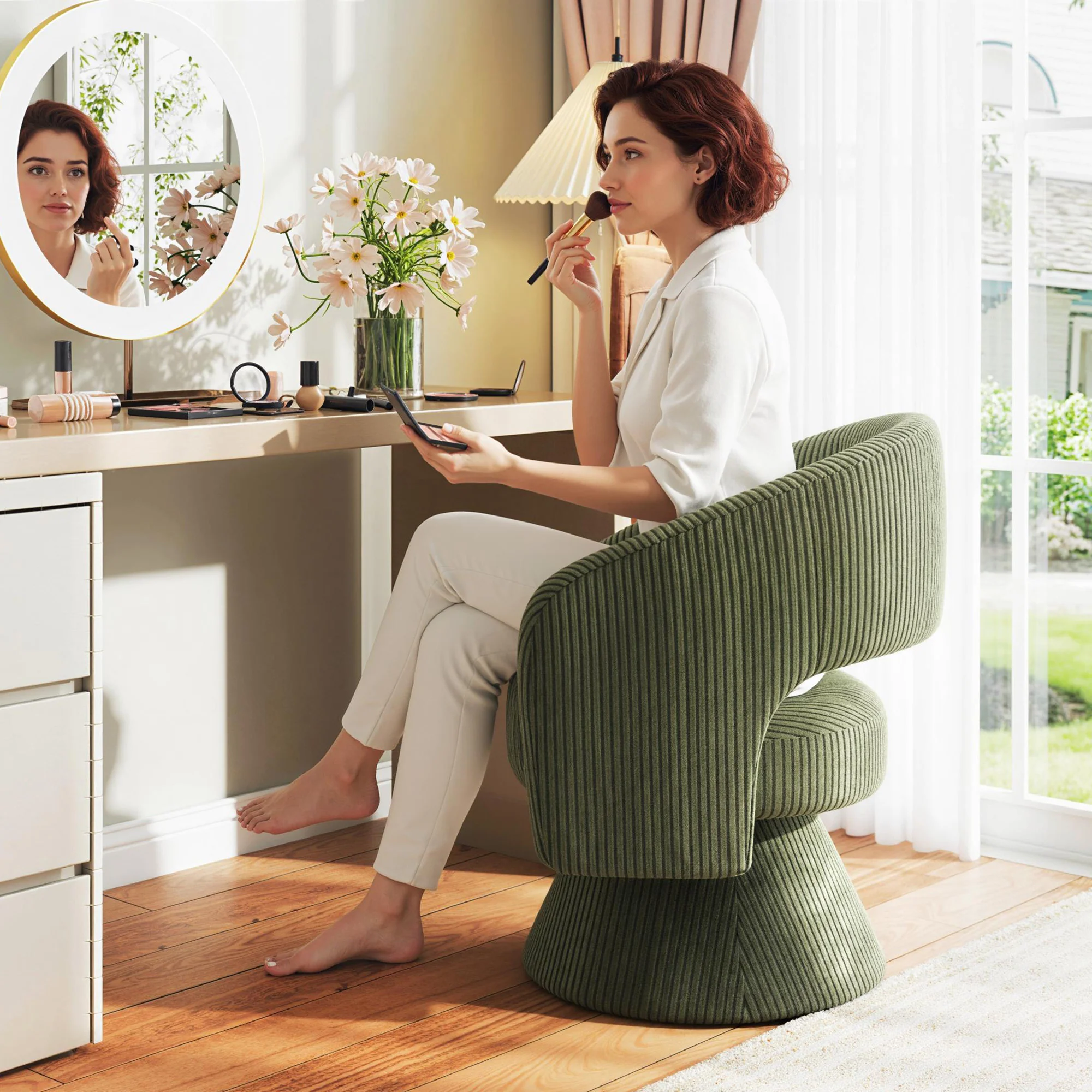 360° Swivel Accent Chair, Corduroy Upholstered Barrel Chair for Living Room, Bedroom, Green - Image 11