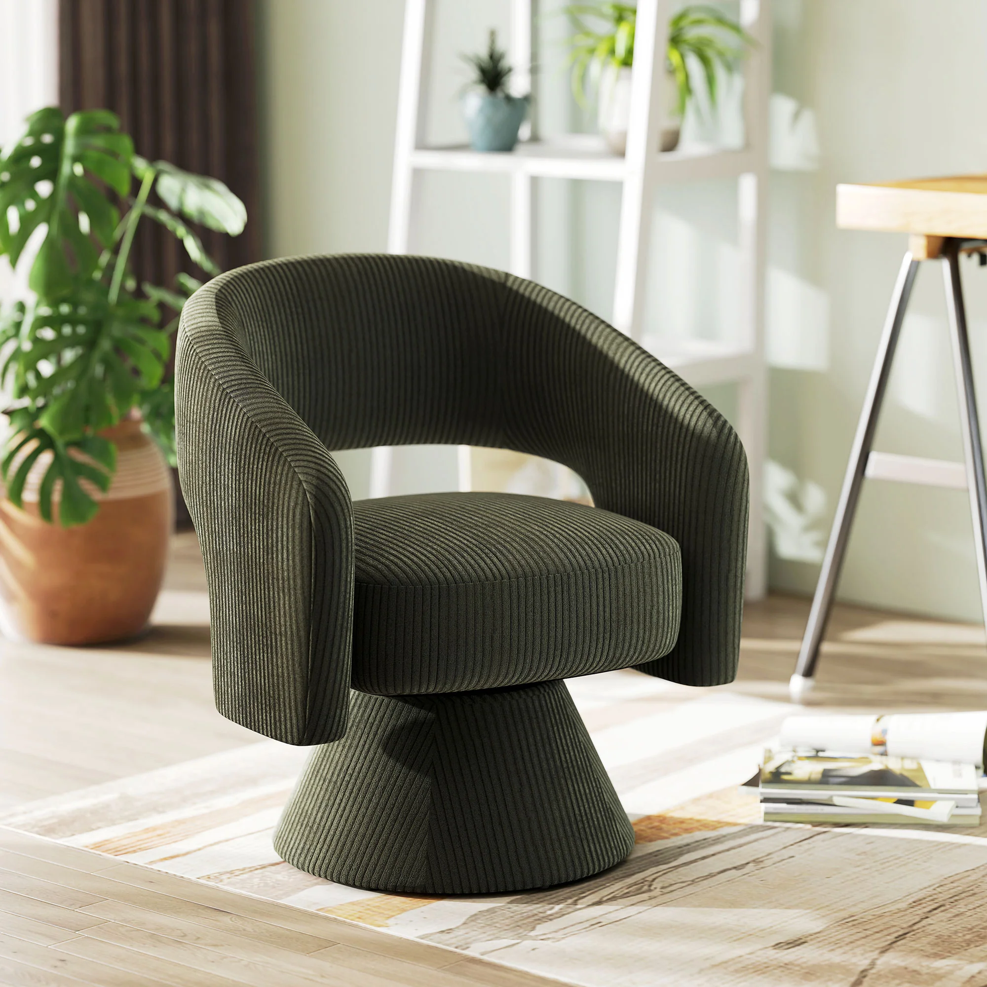360° Swivel Accent Chair, Corduroy Upholstered Barrel Chair for Living Room, Bedroom, Green - Image 3