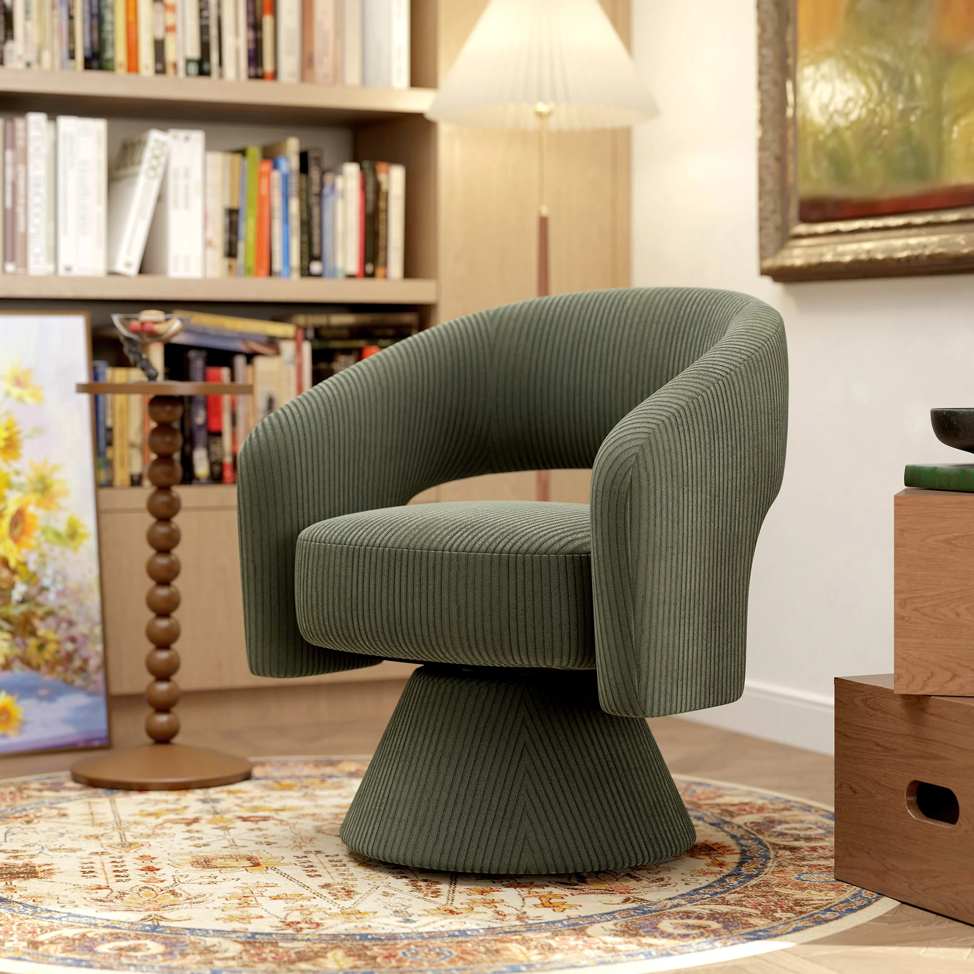 360° Swivel Accent Chair, Corduroy Upholstered Barrel Chair for Living Room, Bedroom, Green - Image 4