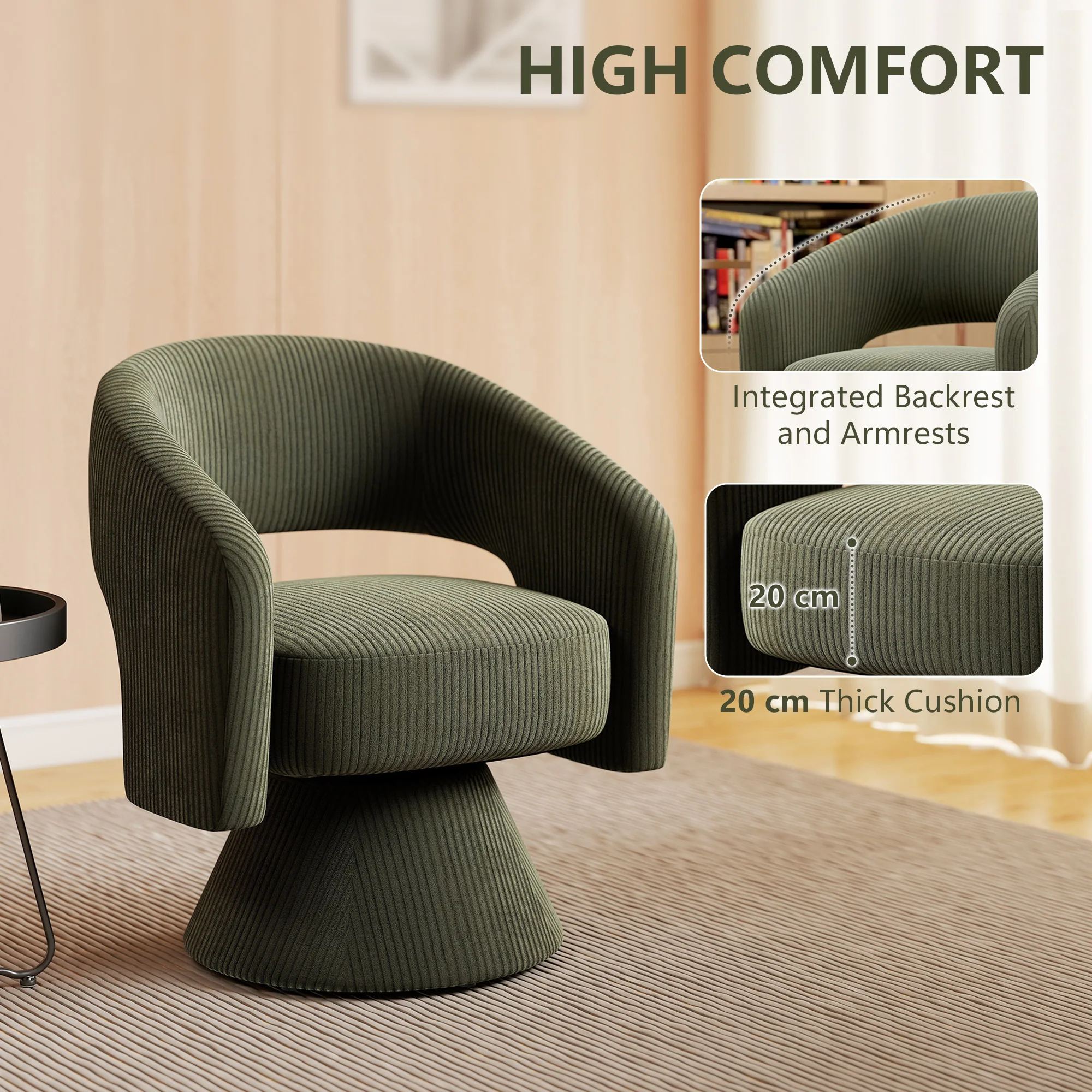 360° Swivel Accent Chair, Corduroy Upholstered Barrel Chair for Living Room, Bedroom, Green - Image 6