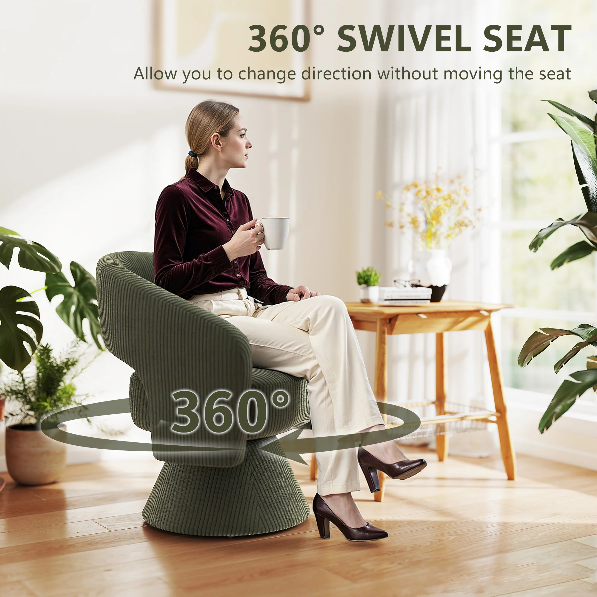 360° Swivel Accent Chair, Corduroy Upholstered Barrel Chair for Living Room, Bedroom, Green - Image 8
