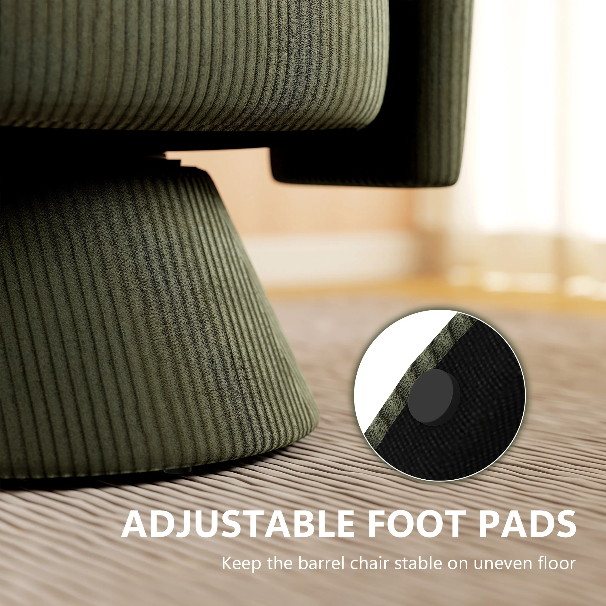 360° Swivel Accent Chair, Corduroy Upholstered Barrel Chair for Living Room, Bedroom, Green - Image 9