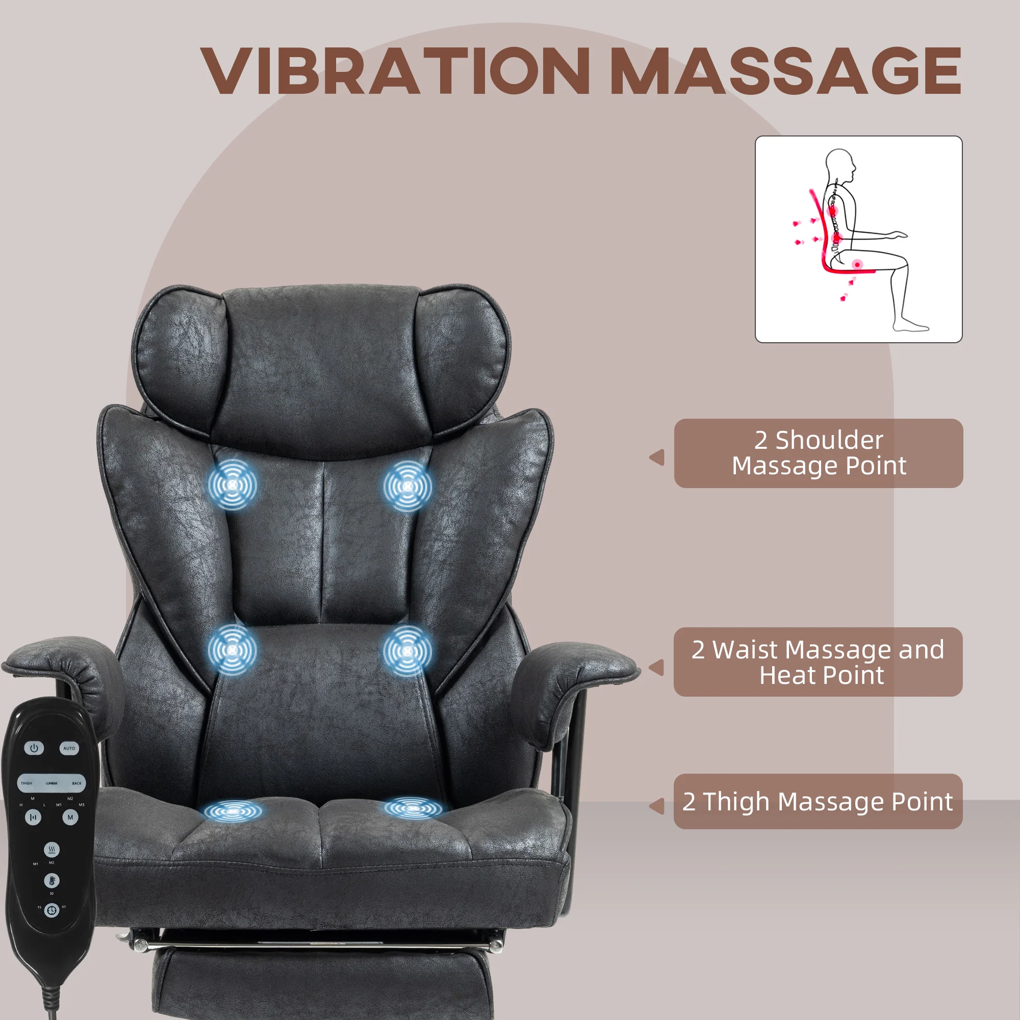 Big and Tall Massage Office Chair with Footrest, Lumbar Support & Reclining, Black - Image 6