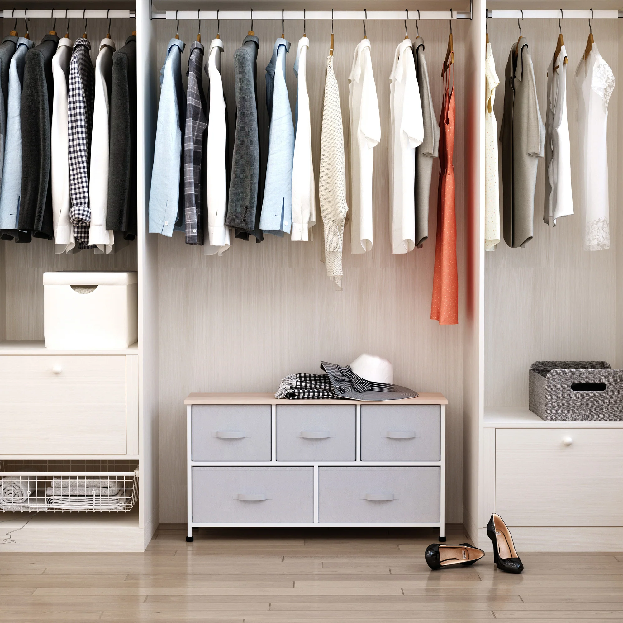 5-Drawer Dresser Storage Tower Cabinet Organizer Unit, Easy Pull Fabric Bins, Light Gray - Image 3