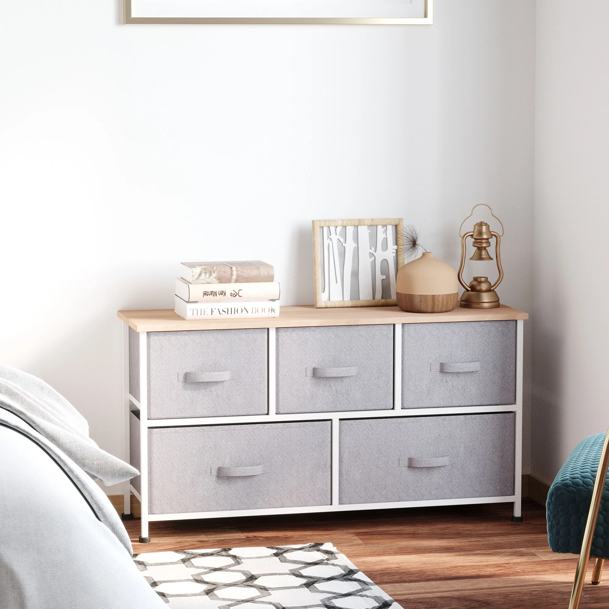 5-Drawer Dresser Storage Tower Cabinet Organizer Unit, Easy Pull Fabric Bins, Light Gray - Image 4