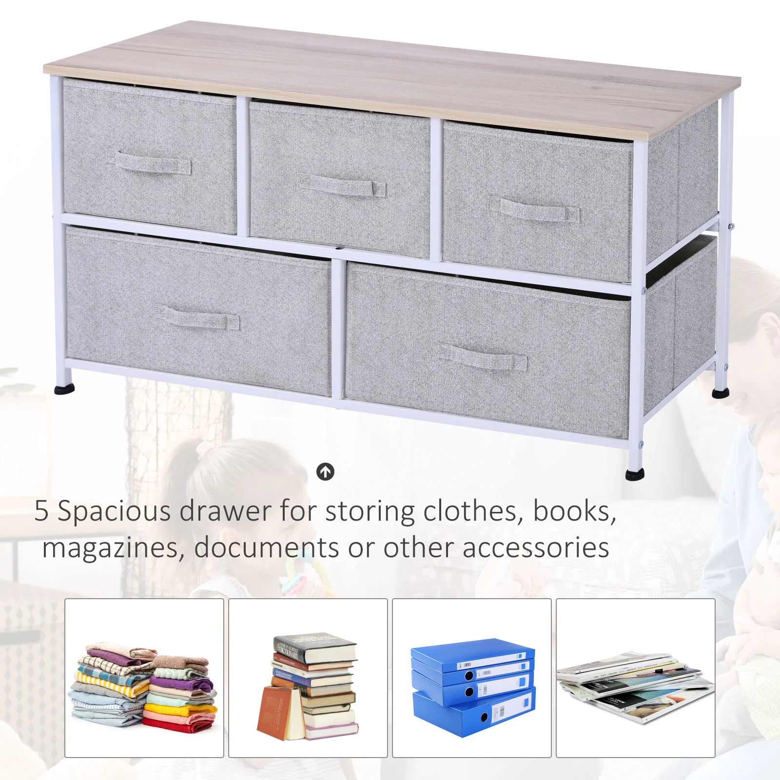 5-Drawer Dresser Storage Tower Cabinet Organizer Unit, Easy Pull Fabric Bins, Light Gray - Image 6