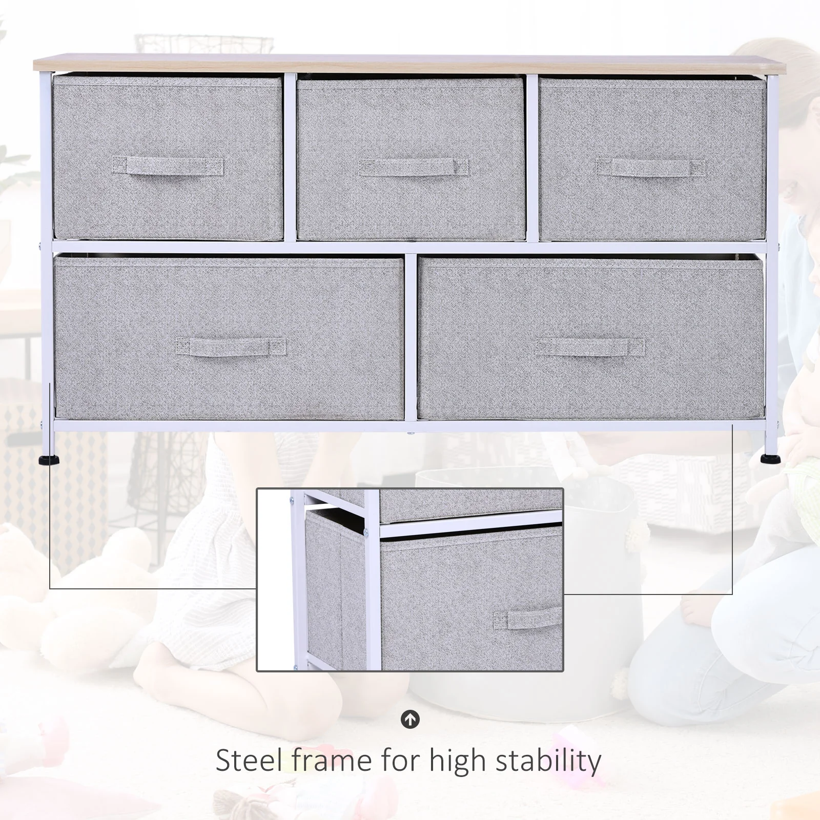 5-Drawer Dresser Storage Tower Cabinet Organizer Unit, Easy Pull Fabric Bins, Light Gray - Image 8