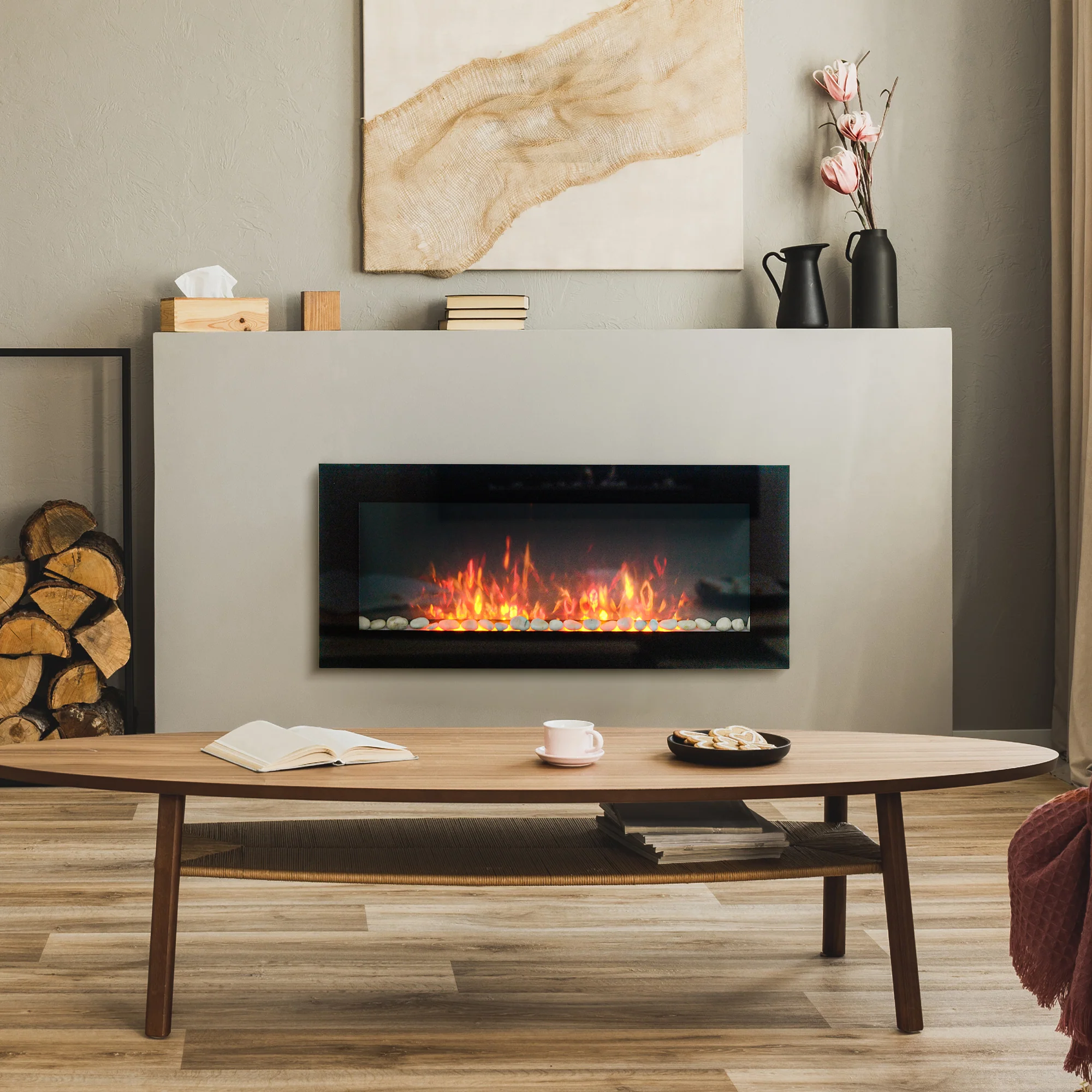 41.3" Electric Wall Fireplace with Flame Effect & 7-Color Backlight, 1500W, Black - Image 4