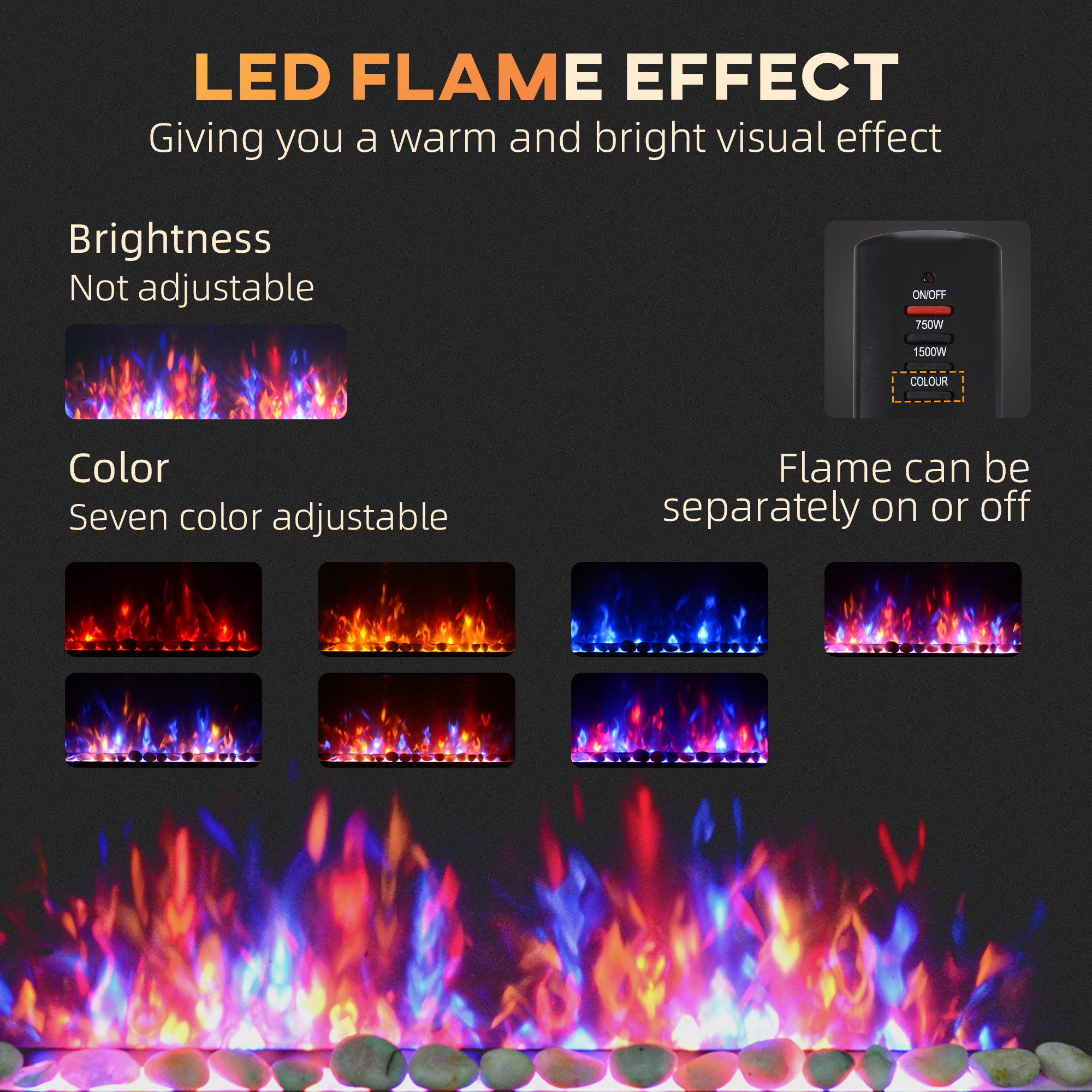 41.3" Electric Wall Fireplace with Flame Effect & 7-Color Backlight, 1500W, Black - Image 6