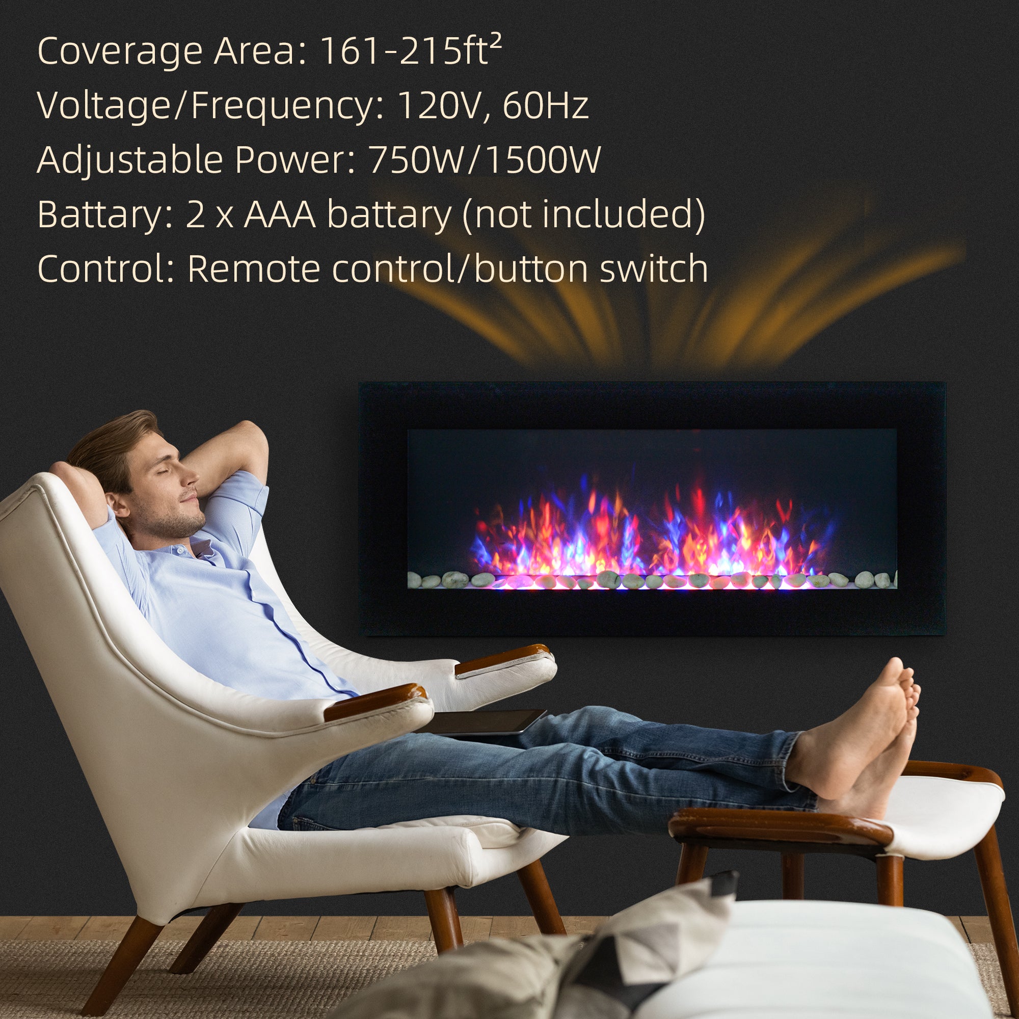 41.3" Electric Wall Fireplace with Flame Effect & 7-Color Backlight, 1500W, Black - Image 8