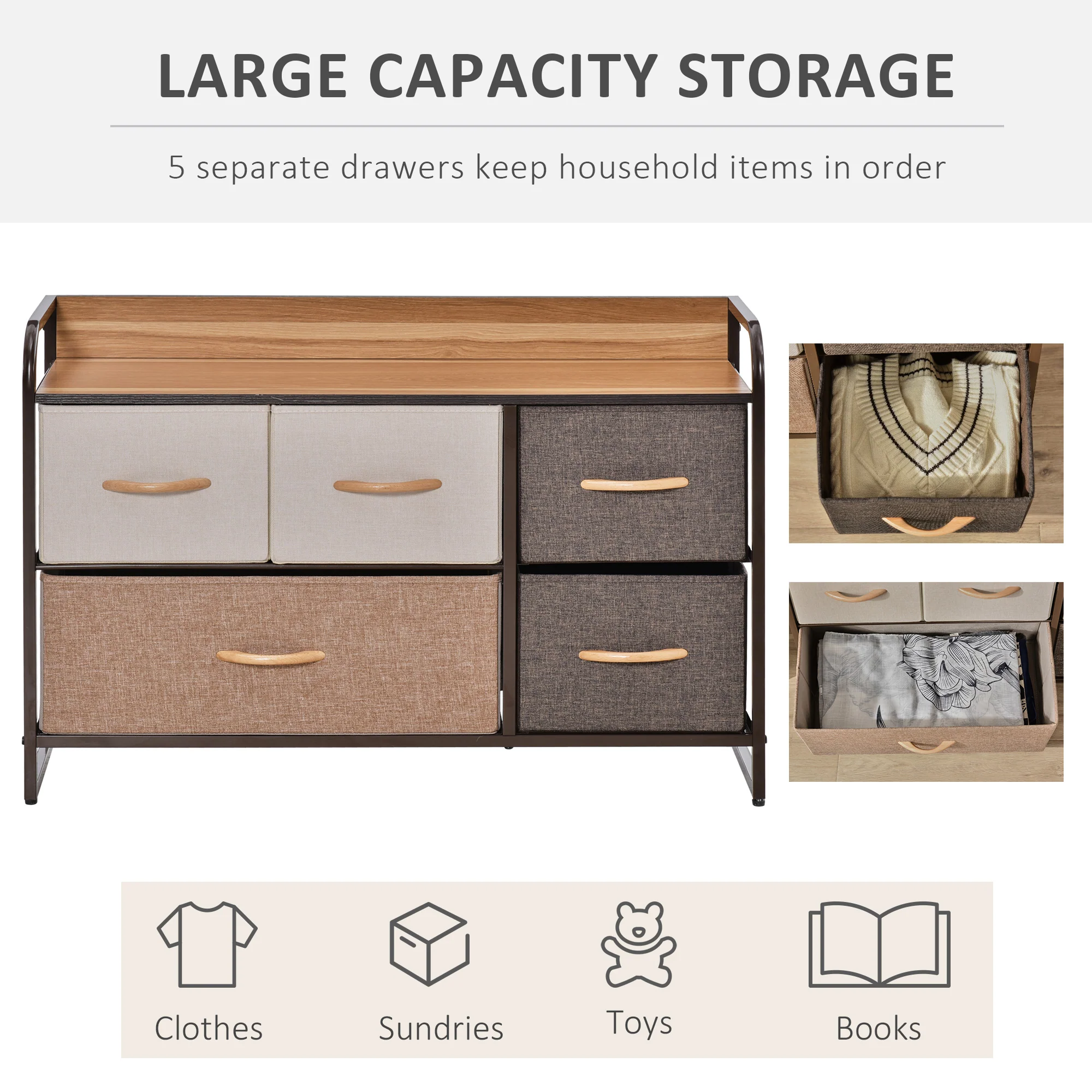 5 Drawer Dresser Storage Tower Sturdy Steel Frame Wood Top for Bedroom Hallway - Image 7