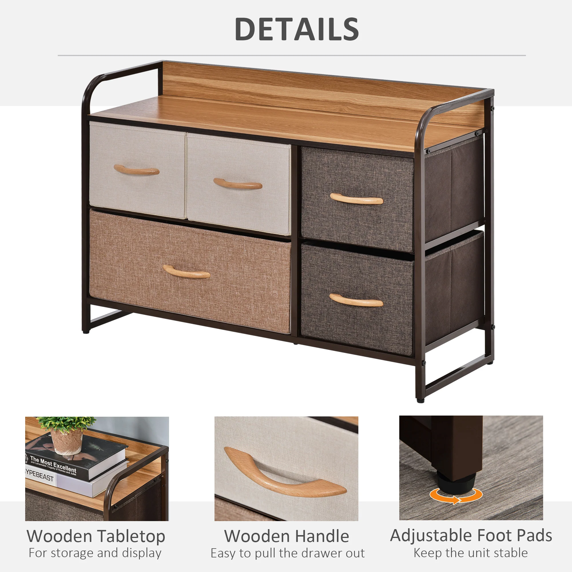 5 Drawer Dresser Storage Tower Sturdy Steel Frame Wood Top for Bedroom Hallway - Image 8