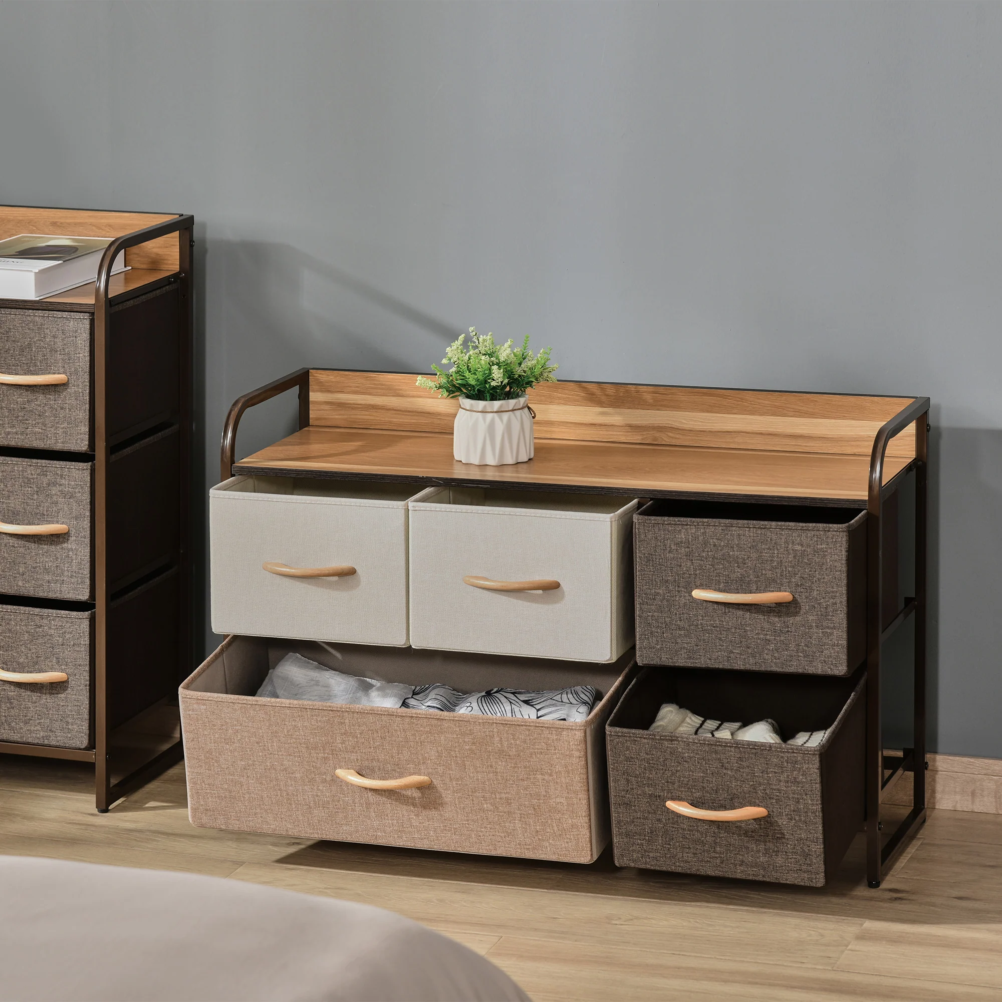 5 Drawer Dresser Storage Tower Sturdy Steel Frame Wood Top for Bedroom Hallway - Image 9