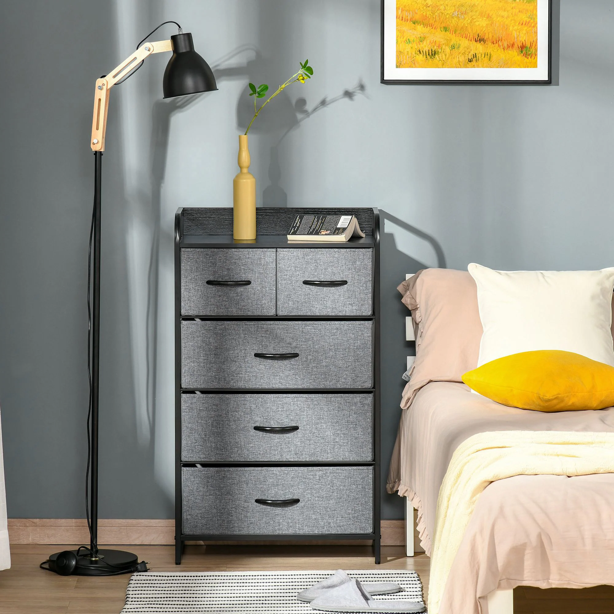 5 Drawer Fabric Dresser Tower 4 Tier Storage Organizer with Steel Frame Grey - Image 3