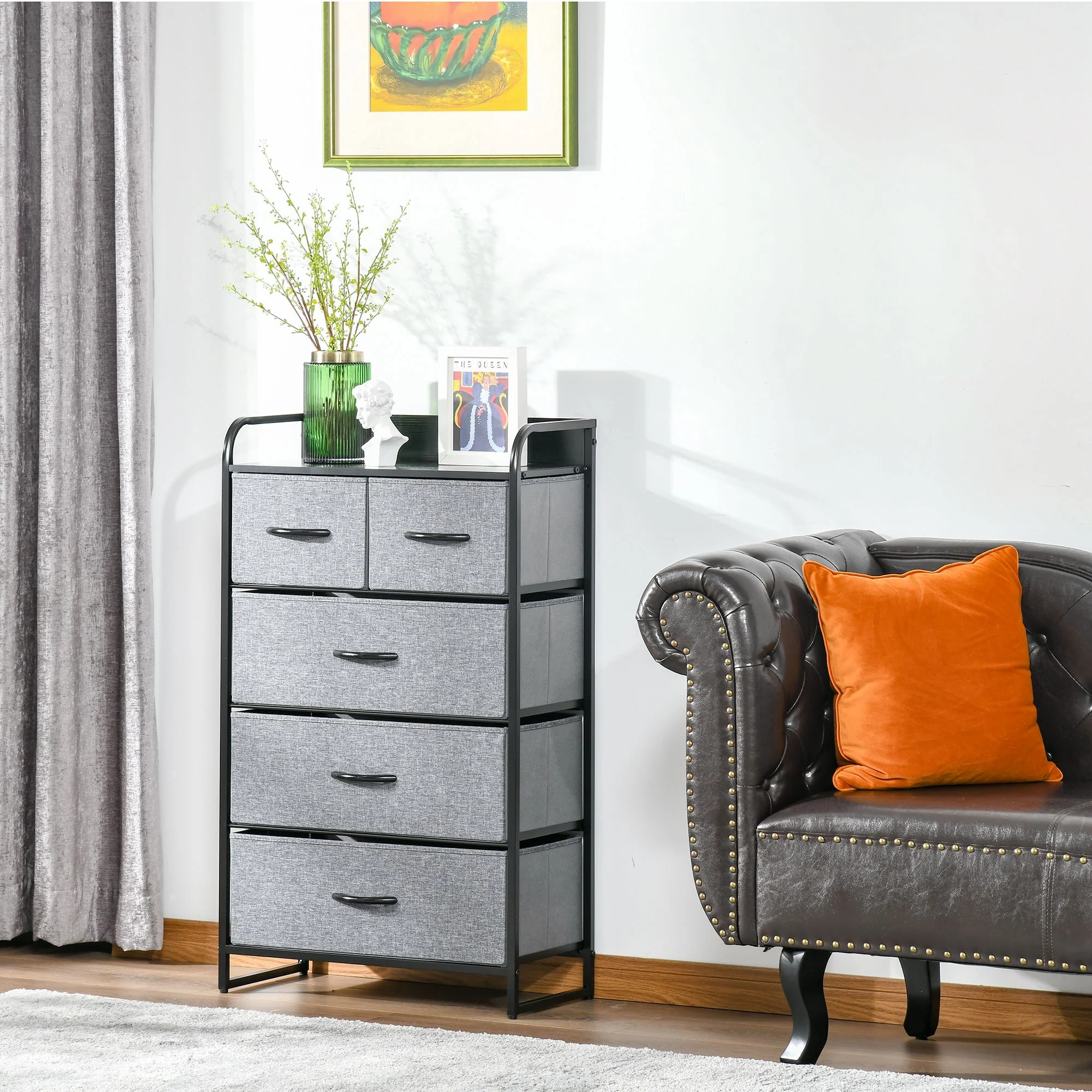 5 Drawer Fabric Dresser Tower 4 Tier Storage Organizer with Steel Frame Grey - Image 4