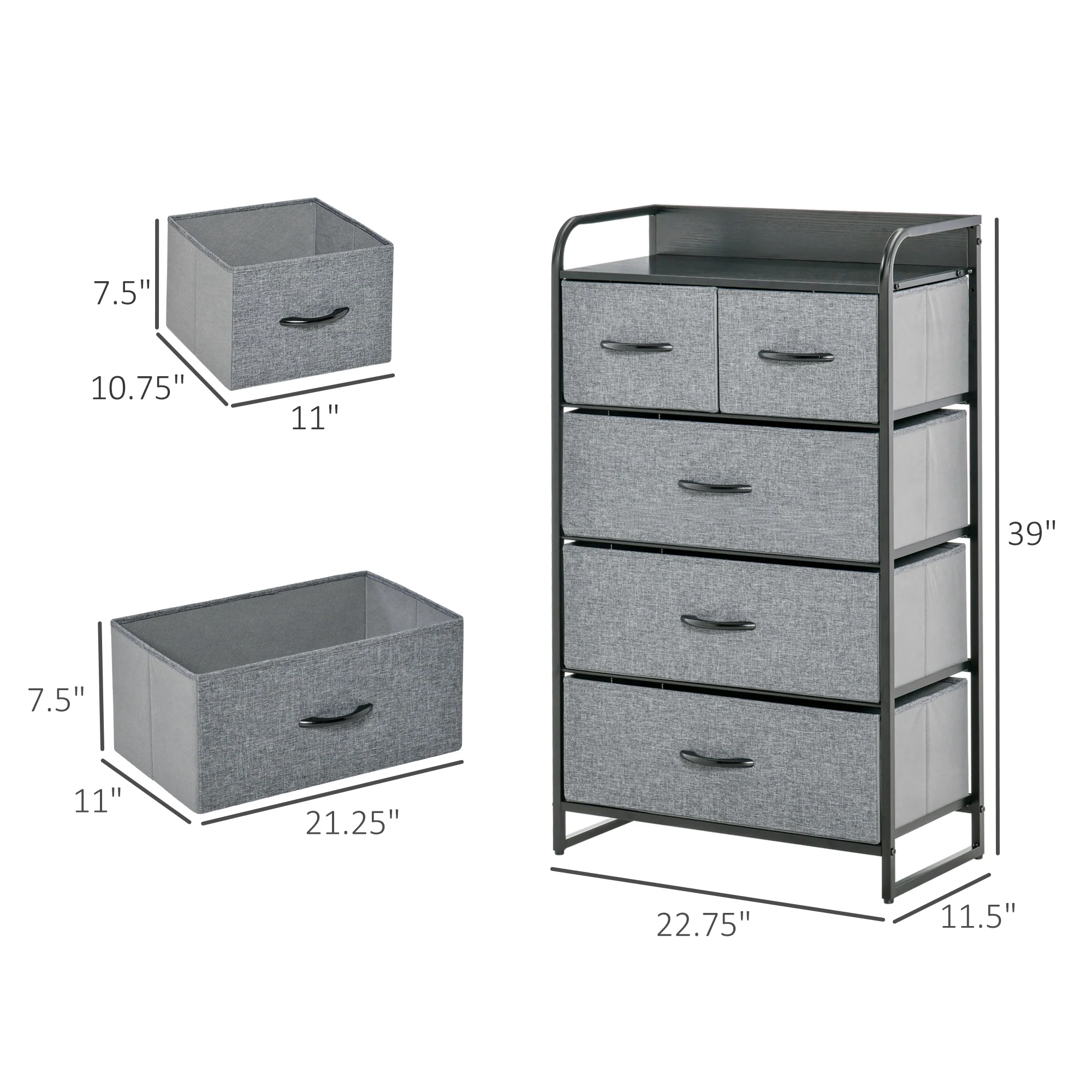 5 Drawer Fabric Dresser Tower 4 Tier Storage Organizer with Steel Frame Grey - Image 5