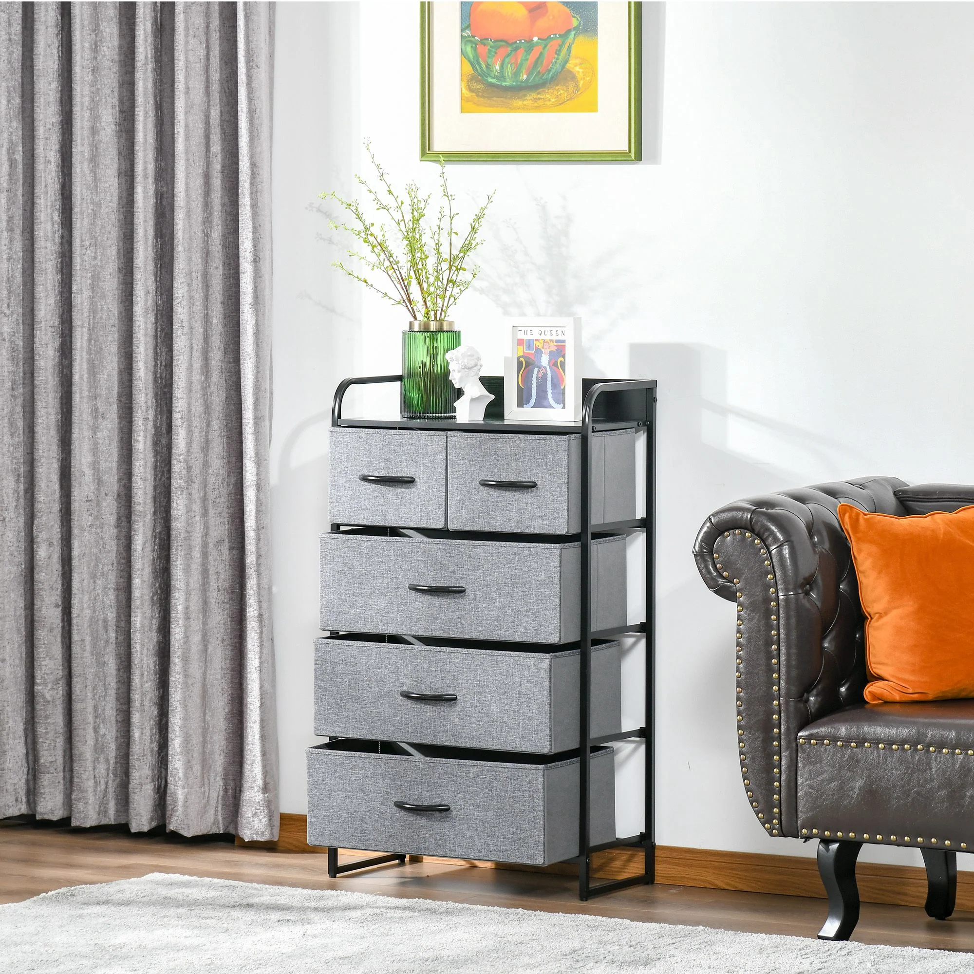 5 Drawer Fabric Dresser Tower 4 Tier Storage Organizer with Steel Frame Grey - Image 6