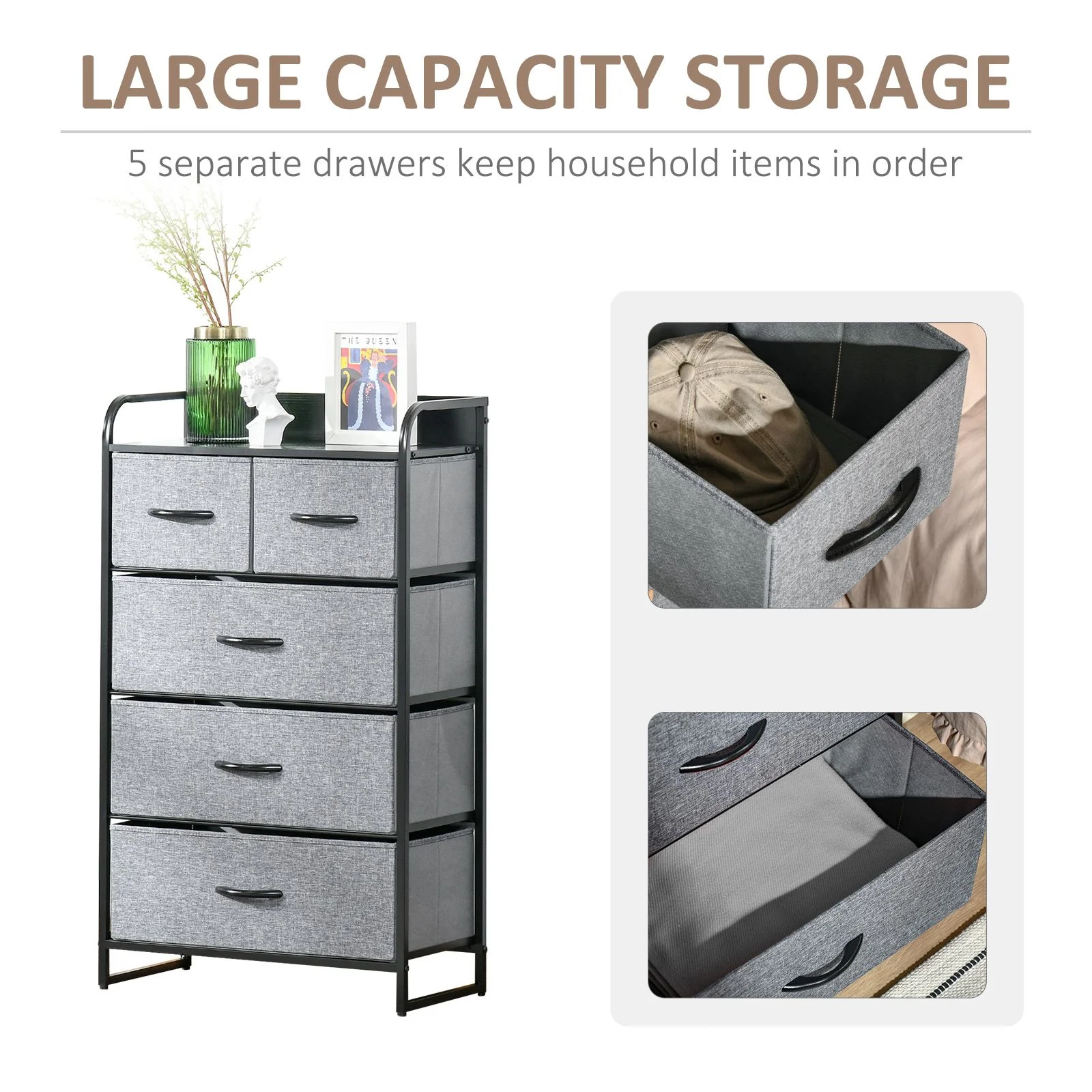 5 Drawer Fabric Dresser Tower 4 Tier Storage Organizer with Steel Frame Grey - Image 7
