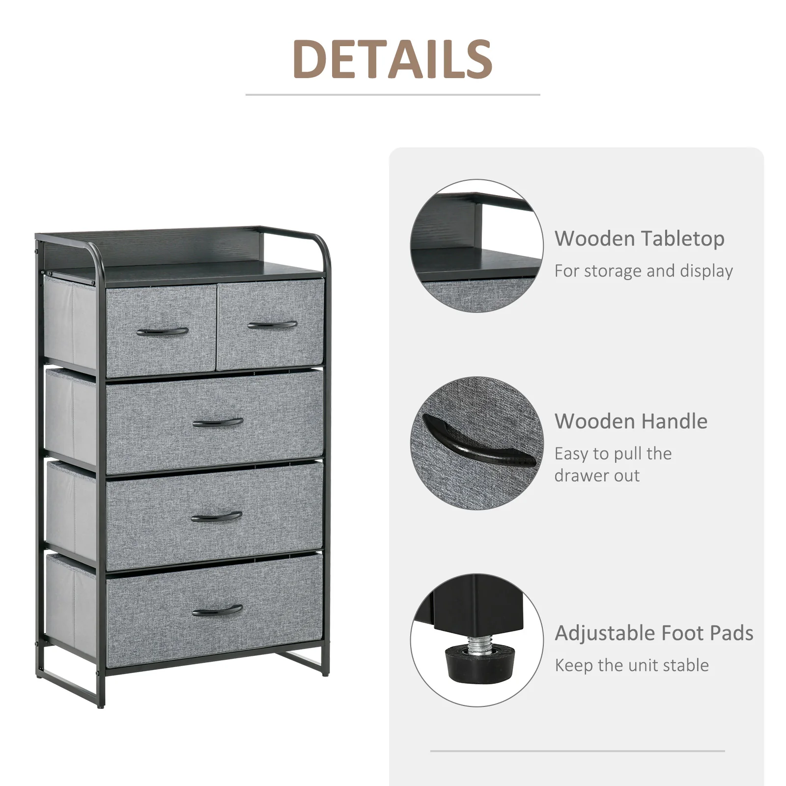 5 Drawer Fabric Dresser Tower 4 Tier Storage Organizer with Steel Frame Grey - Image 8