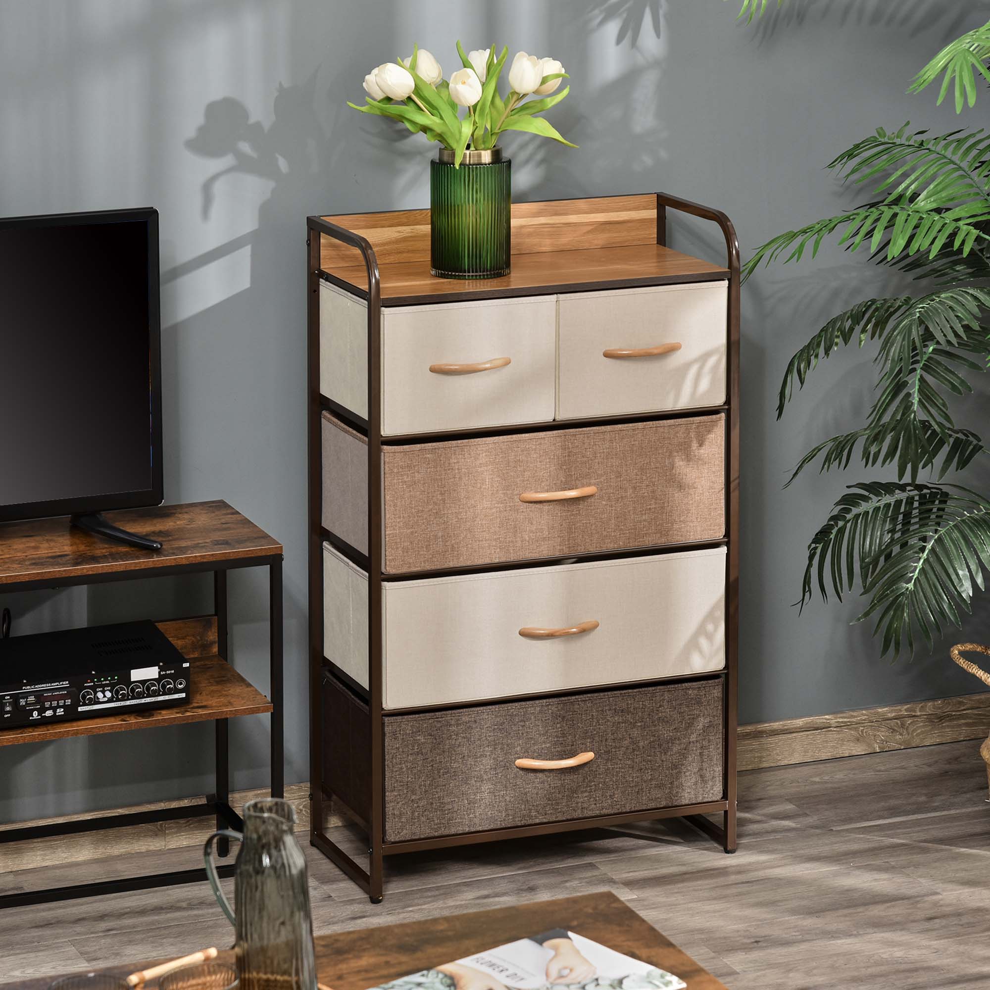 5 Drawer Fabric Dresser Tower 4 Tier Storage Organizer with Steel Frame Maple Wood - Image 3