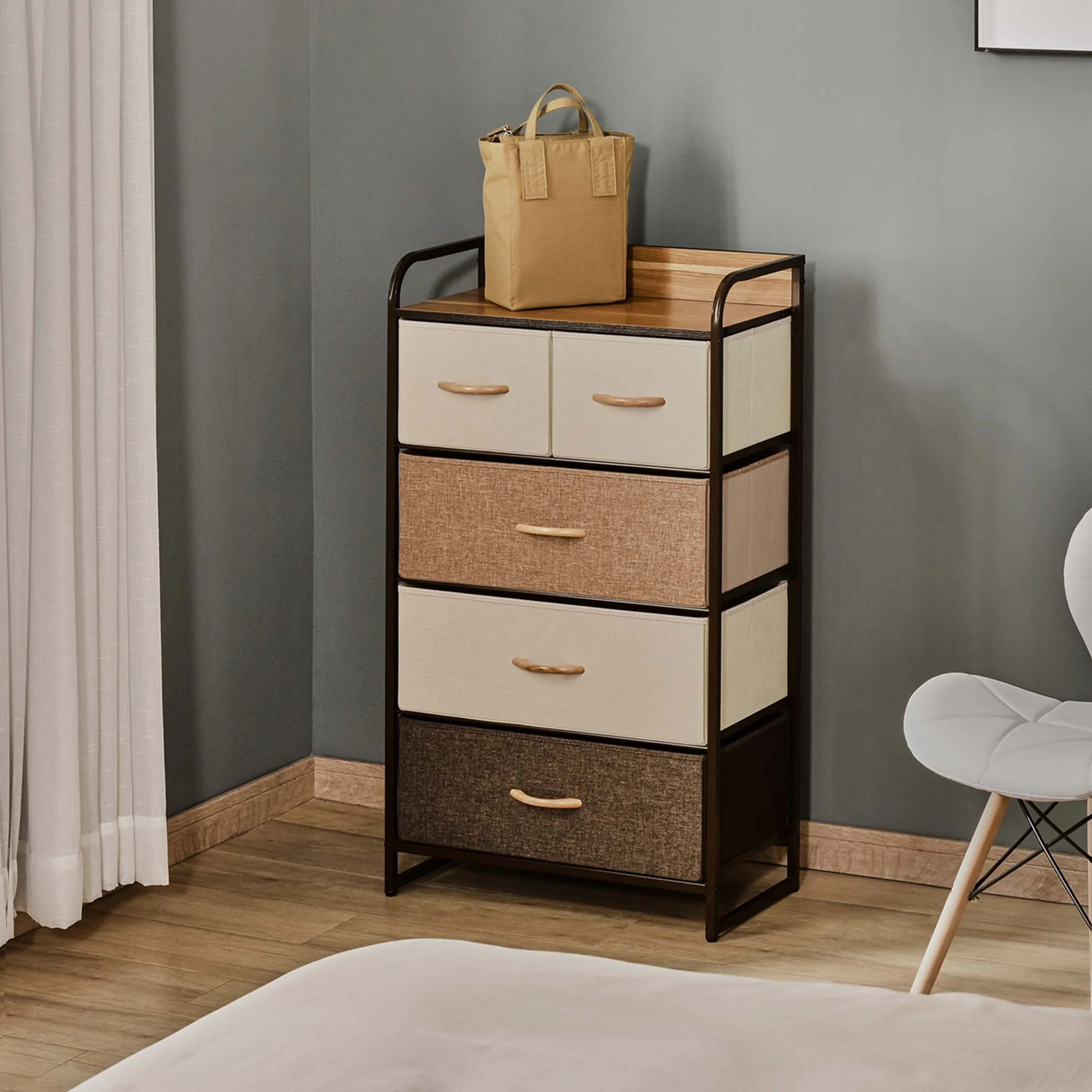 5 Drawer Fabric Dresser Tower 4 Tier Storage Organizer with Steel Frame Maple Wood - Image 4