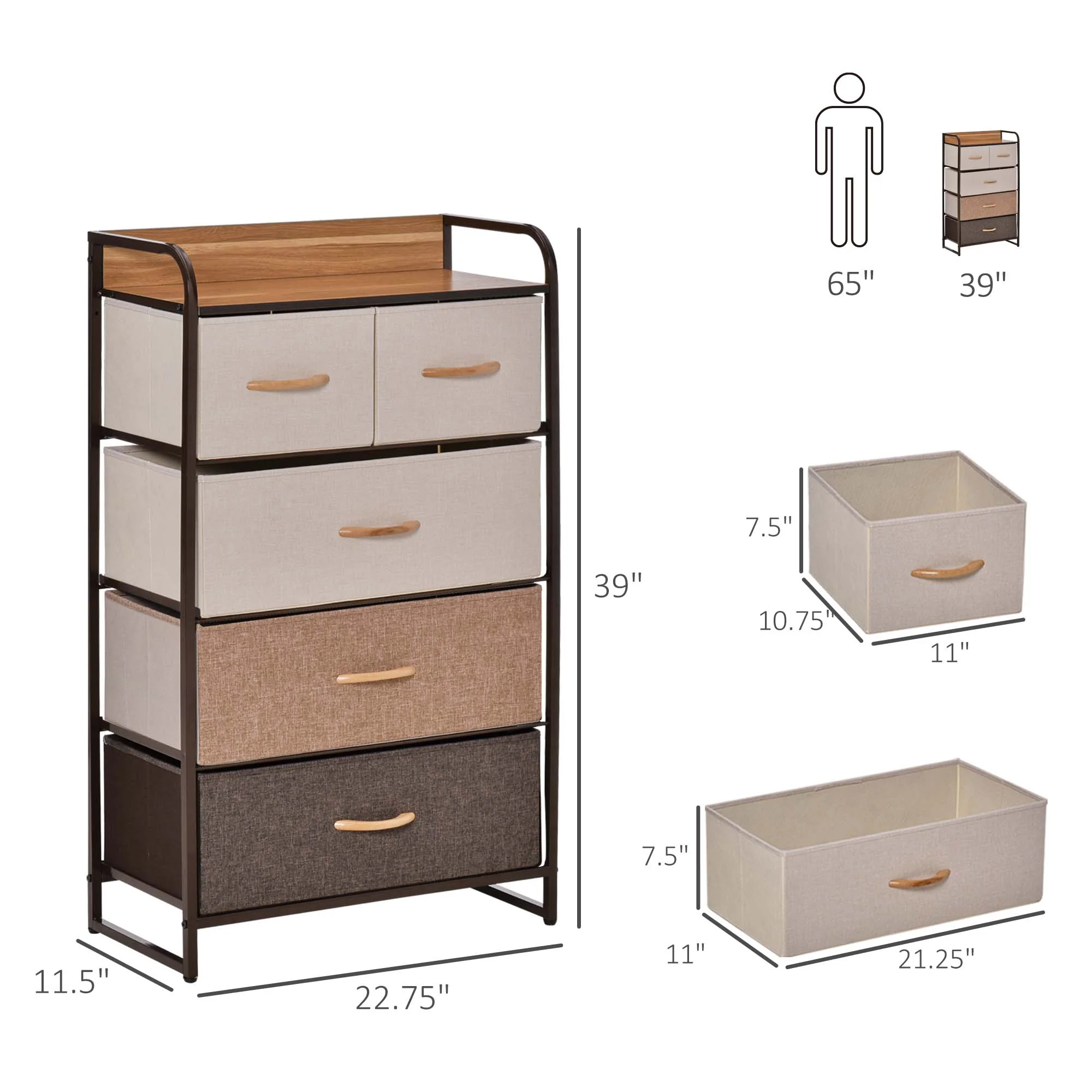 5 Drawer Fabric Dresser Tower 4 Tier Storage Organizer with Steel Frame Maple Wood - Image 5