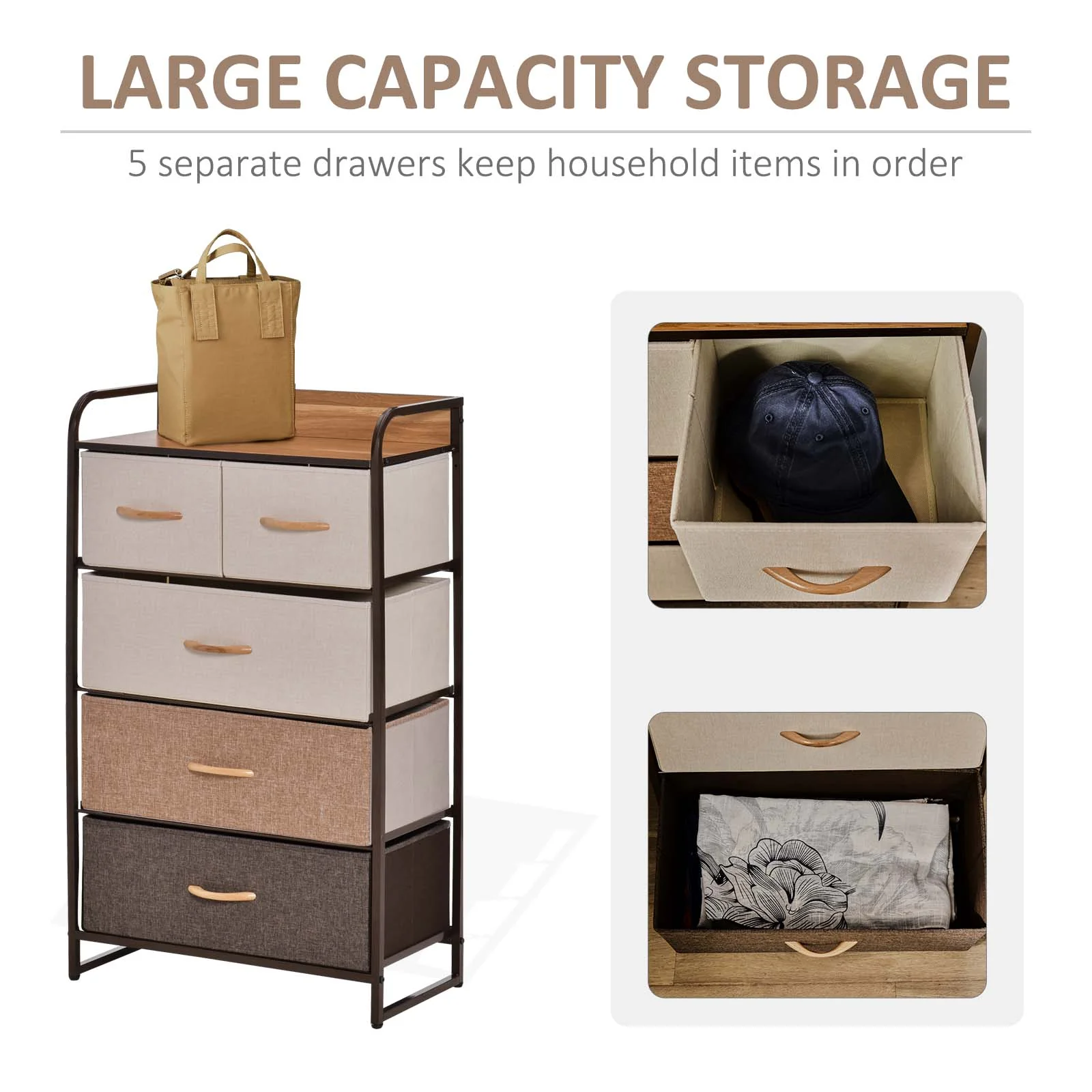 5 Drawer Fabric Dresser Tower 4 Tier Storage Organizer with Steel Frame Maple Wood - Image 7