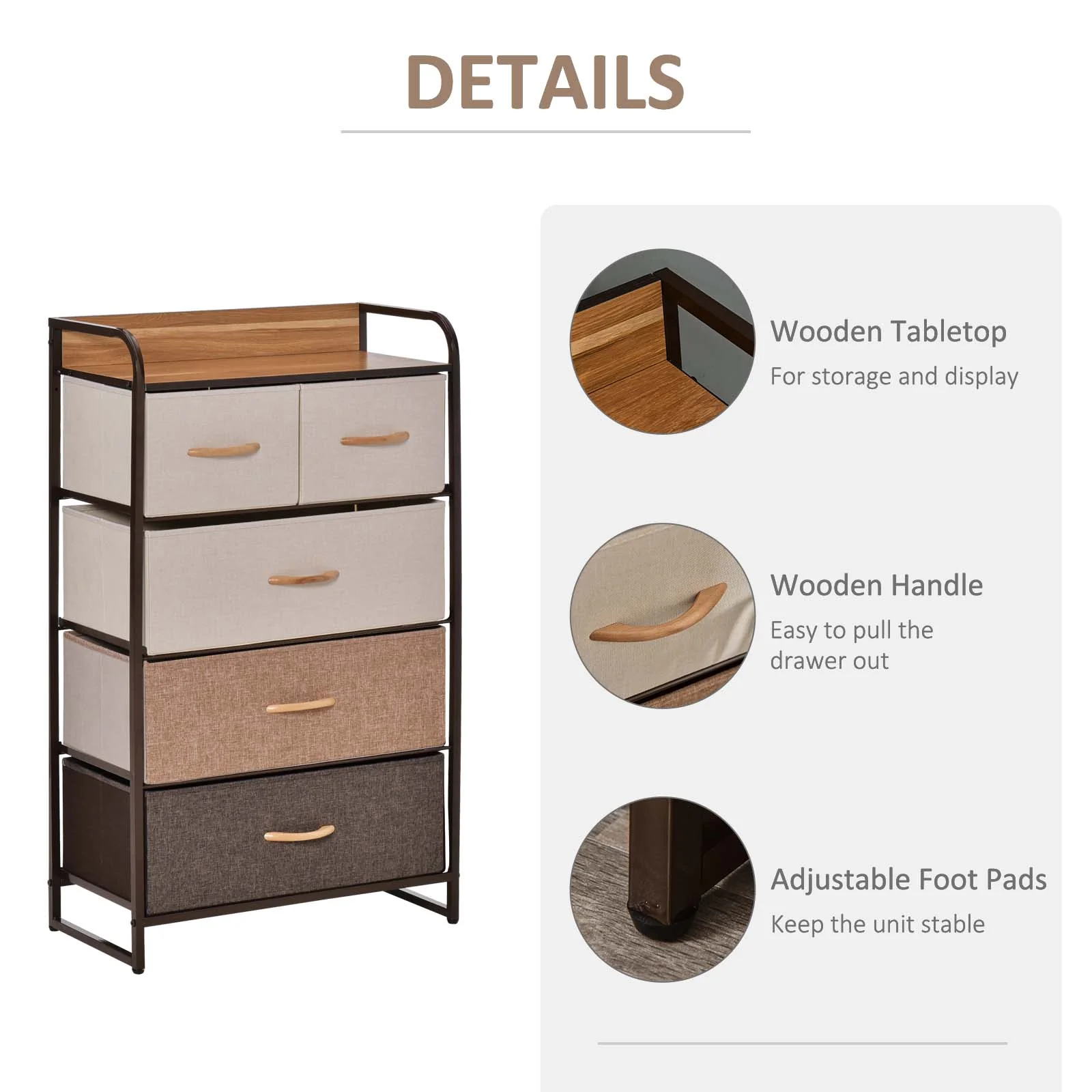 5 Drawer Fabric Dresser Tower 4 Tier Storage Organizer with Steel Frame Maple Wood - Image 8