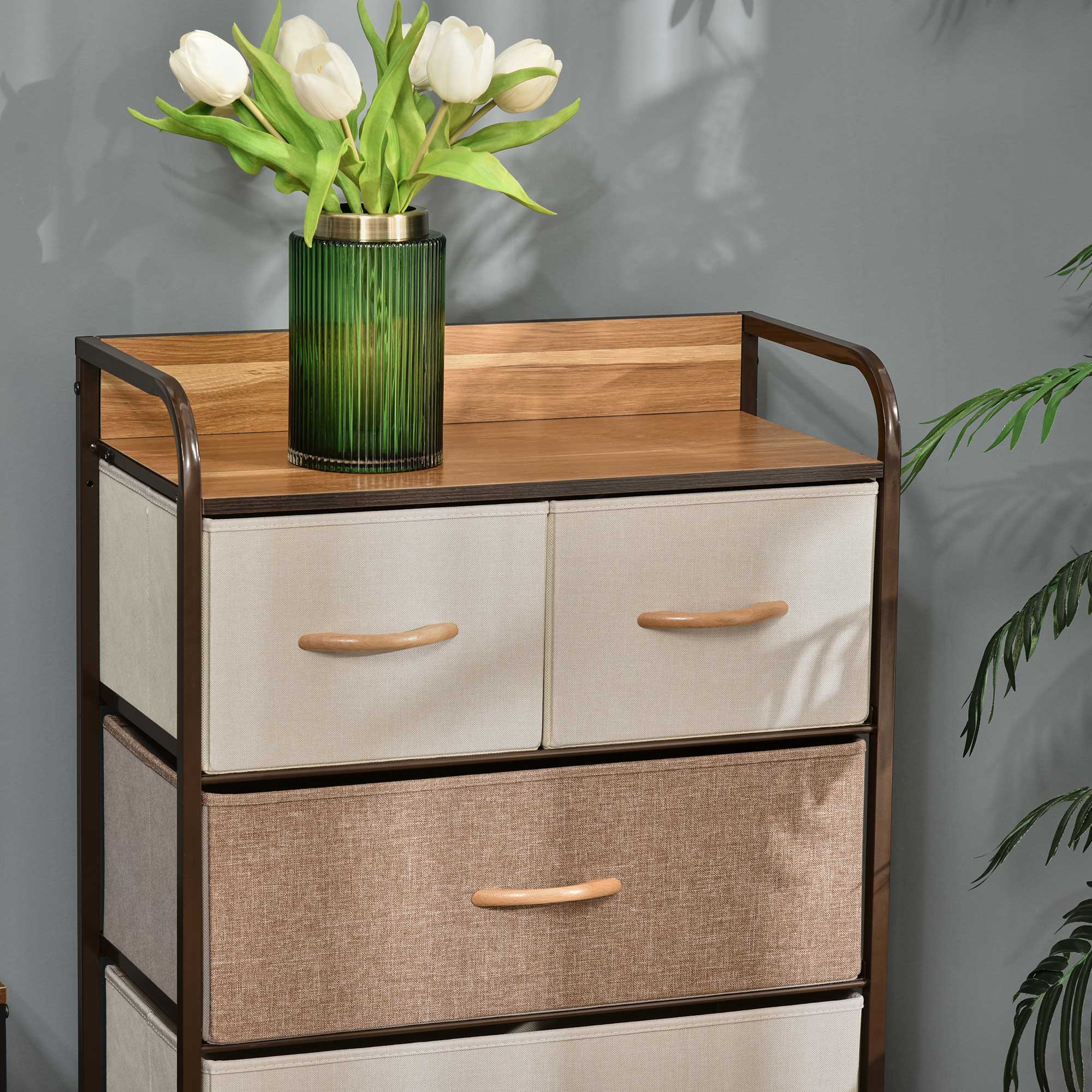 5 Drawer Fabric Dresser Tower 4 Tier Storage Organizer with Steel Frame Maple Wood - Image 9