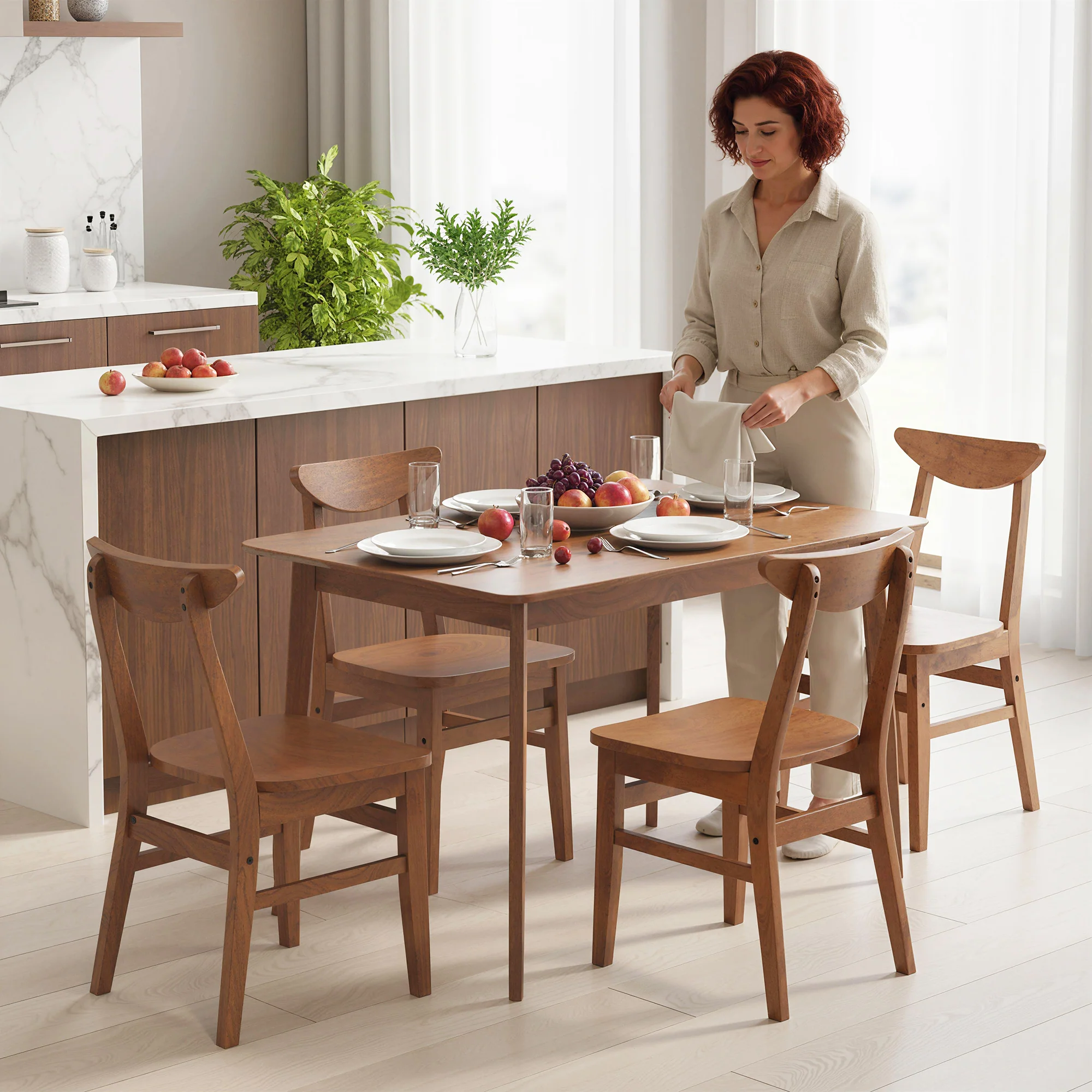 5-Piece Solid Wood Dining Table Set for 4, Farmhouse Kitchen Table and Chairs, Walnut - Image 11