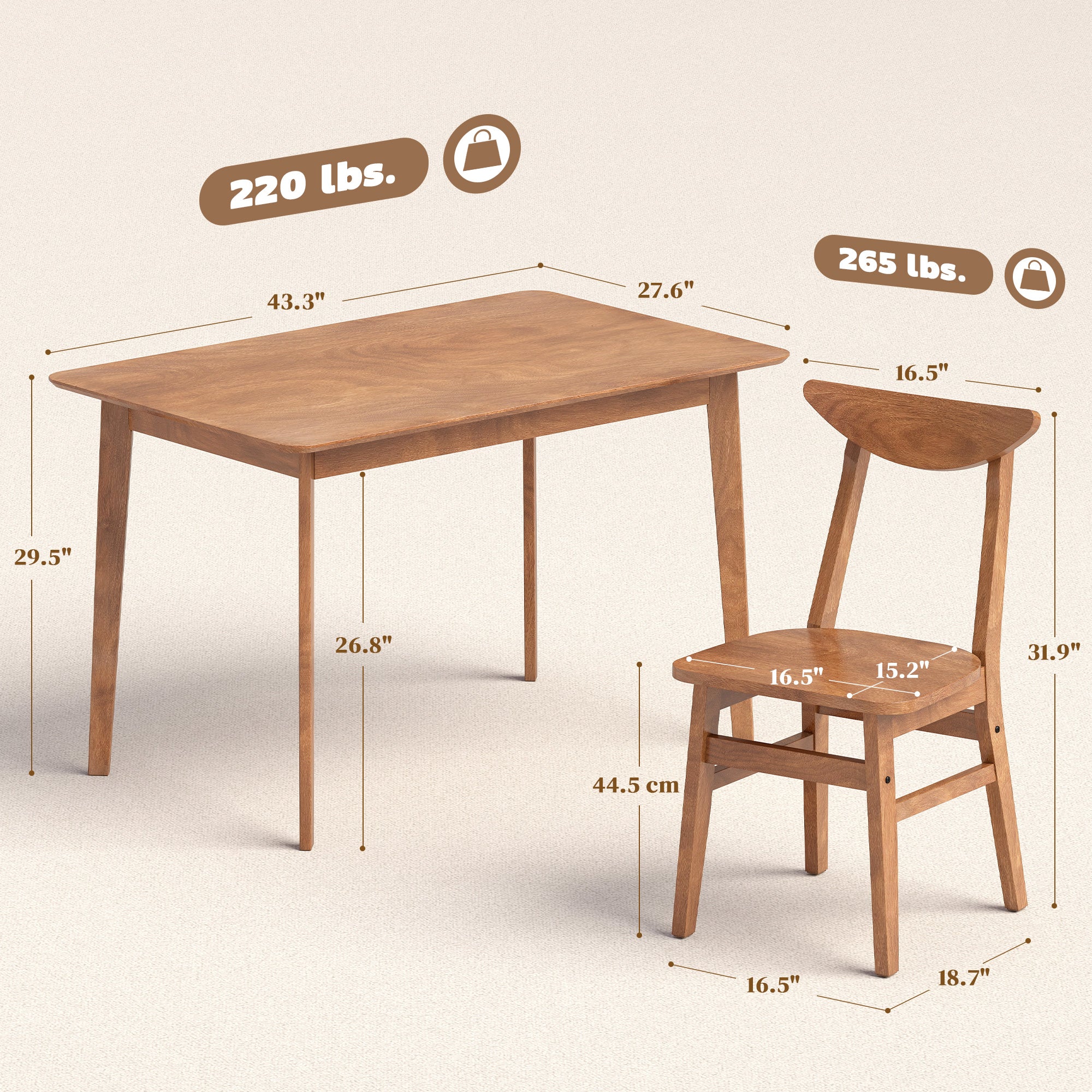 5-Piece Solid Wood Dining Table Set for 4, Farmhouse Kitchen Table and Chairs, Walnut - Image 5